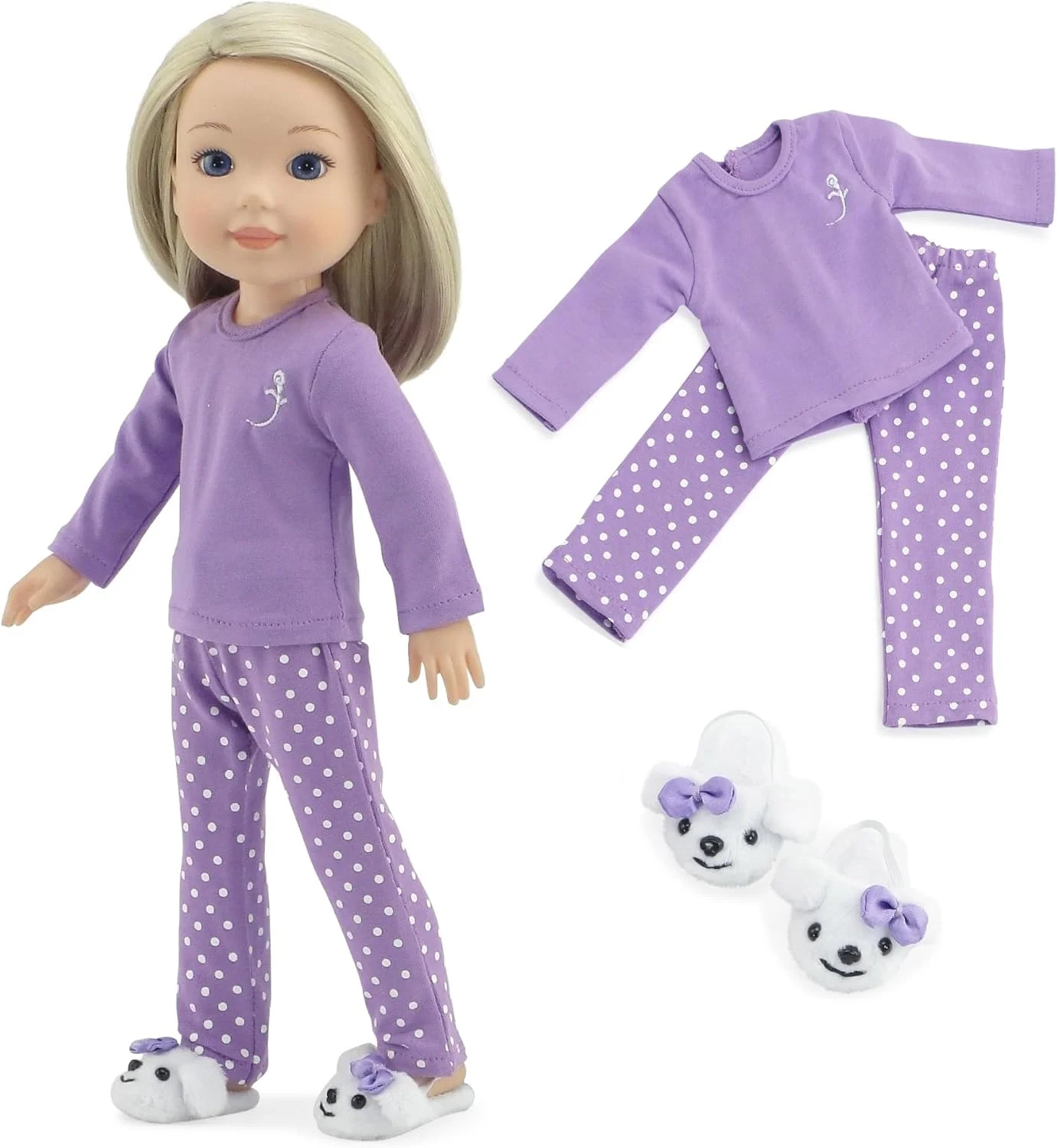 ست لباس خواب 3 تکه عروسک 14 اینچی امیلی رز، هدیه ای مناسب برای عید پاک، شامل دمپایی سگ! | عروسک شامل نمی شود | سازگار با عروسک های Wellie Wishers | کسب و کار آمریکایی