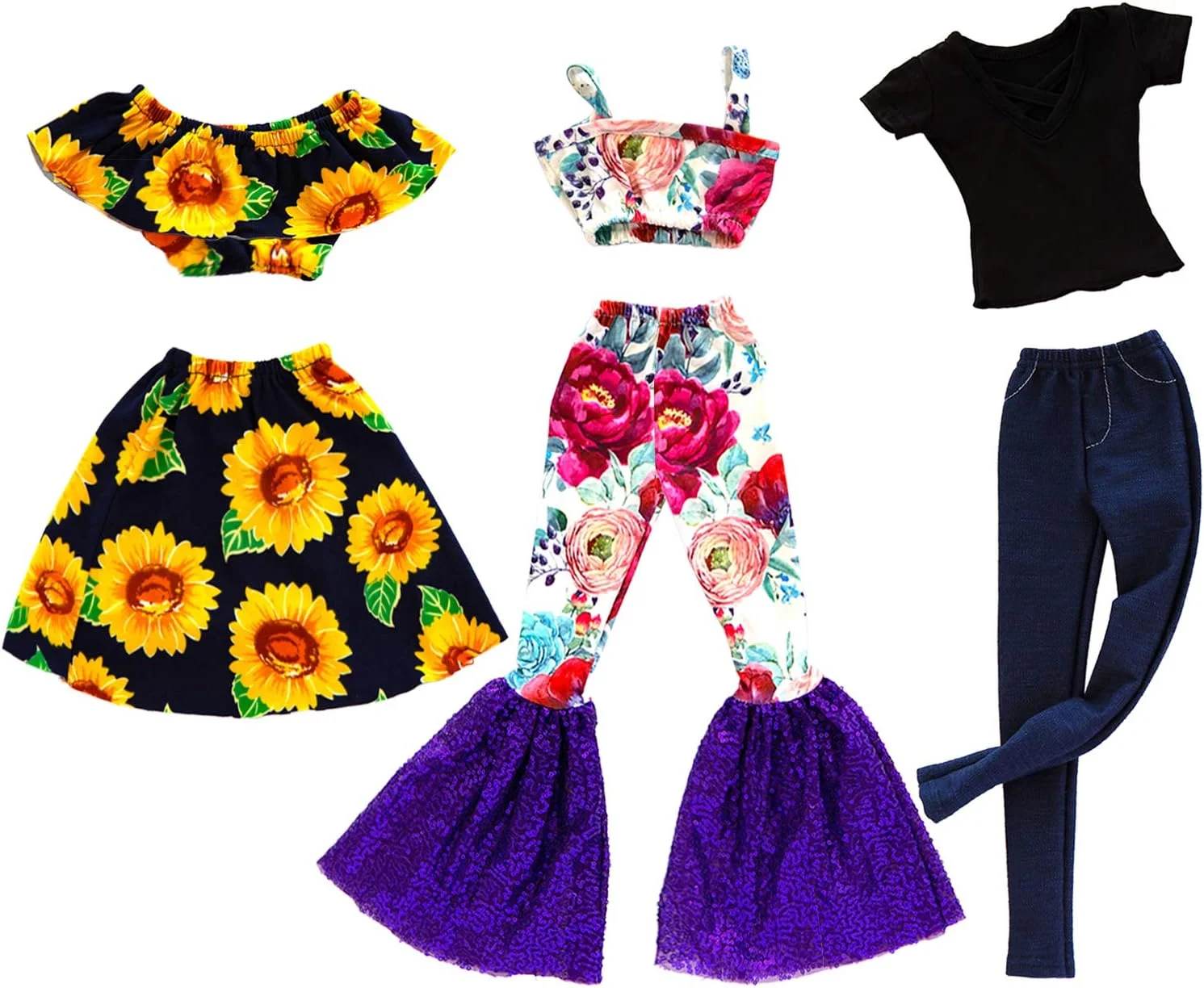 زیتا المنت 3 ست لباس مد روز برای عروسک دخترانه 28 اینچی - ست لباس های با کیفیت و غیر رسمی، لباس آف شولدر طرح گل آفتابگردان و شلوار دمپا گشاد پولک دار برای لباس عروسک دخترانه 28 اینچی