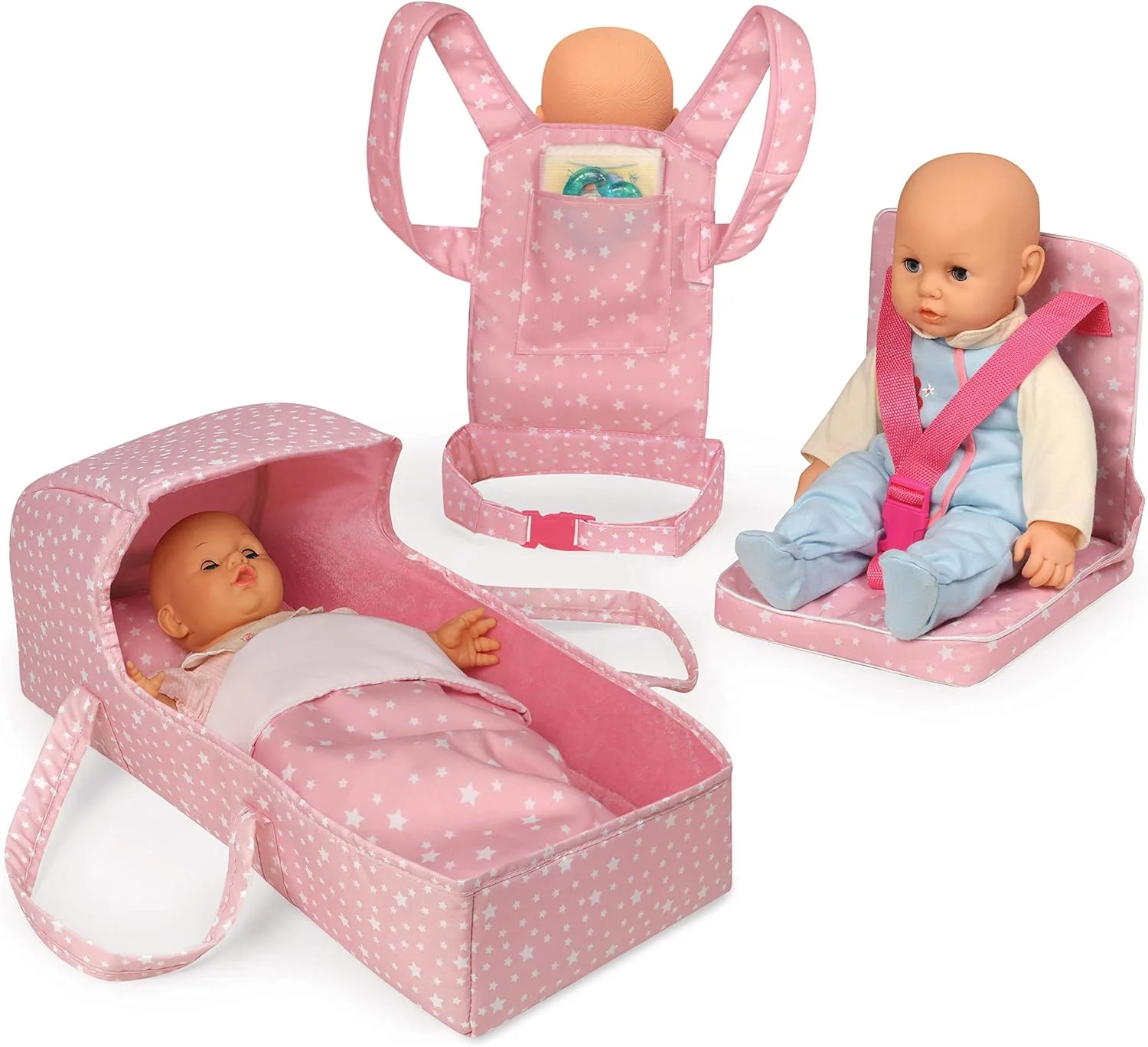 ست مسافرتی 5 تکه درجه یک عروسک Badger Basket برای عروسک های 18 اینچی - شامل تخت مسافرتی، کریر، پتوی دو رو و لوازم جانبی با طرح ستاره های صورتی