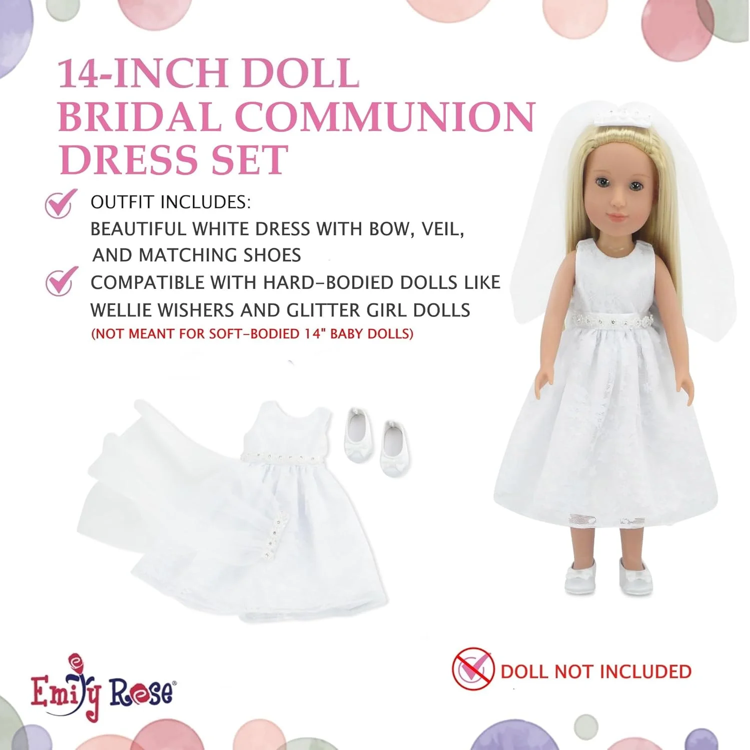 لباس عروسکی 14 اینچی امیلی رز | ست لباس عروس و نامزدی 3 تکه زیبا، شامل تور و کفش های ساتن! | مناسب برای اکثر عروسک های 14 اینچی