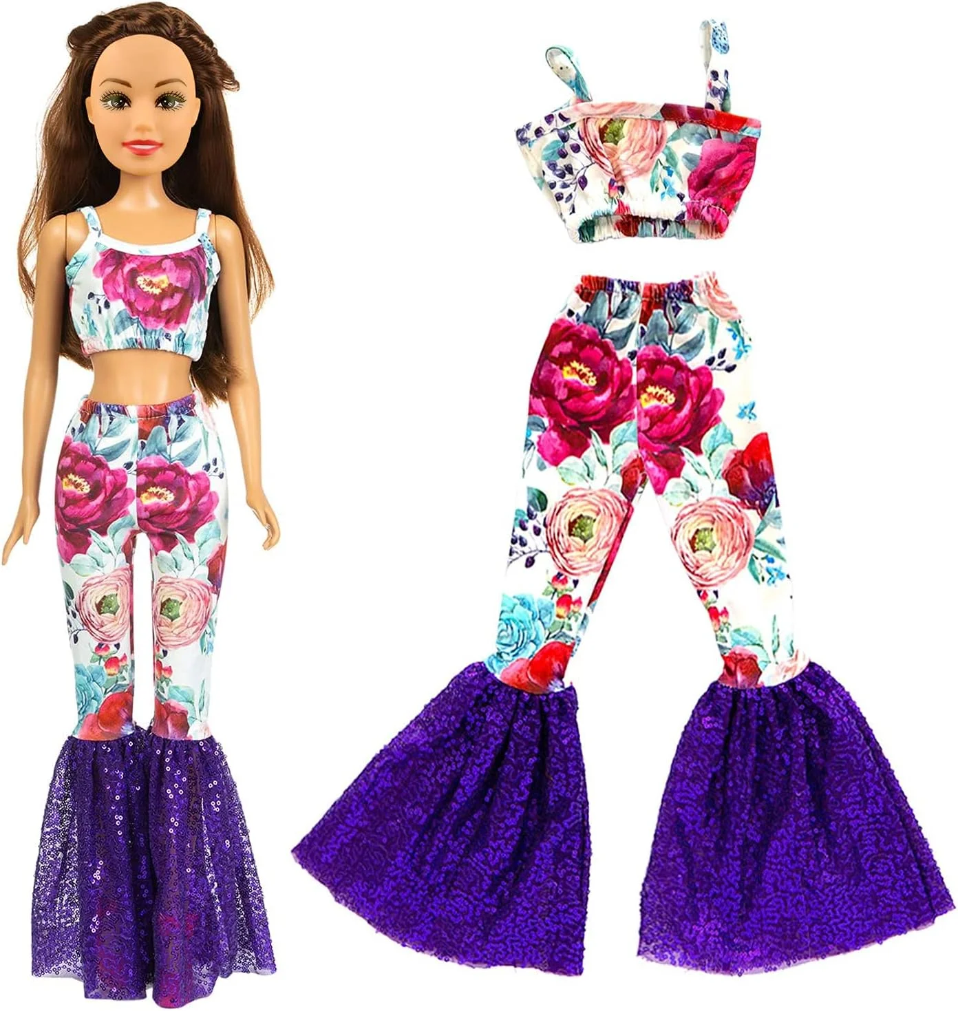 زیتا المنت 3 ست لباس مد روز برای عروسک دخترانه 28 اینچی - ست لباس های با کیفیت و غیر رسمی، لباس آف شولدر طرح گل آفتابگردان و شلوار دمپا گشاد پولک دار برای لباس عروسک دخترانه 28 اینچی