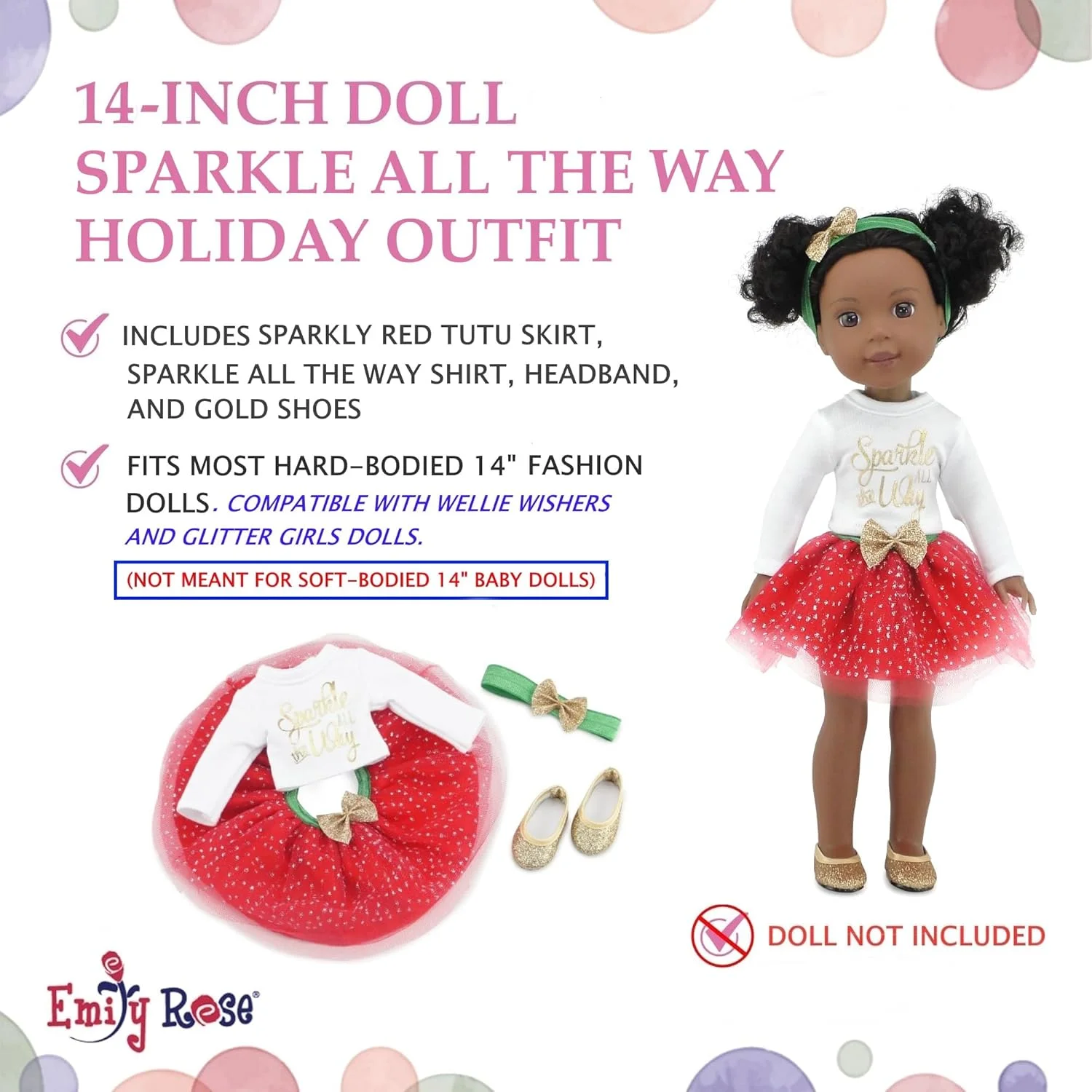 لباس عروسک 14 اینچی امیلی رز | ست 4 تکه توتو تعطیلات، شامل کفش عروسک! | مناسب برای اکثر عروسک های 14 و 14.5 اینچی با بدن سفت