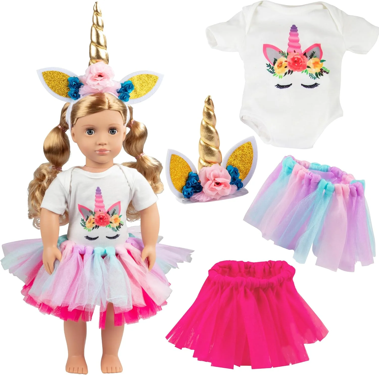 ست لباس عروسکی تکشاخ جادویی 4 تکه با هدبند - لباس و لوازم جانبی عروسک 18 اینچی سازگار با عروسک امریکن گرل - شامل لئوتارد، شاخ تکشاخ و هدبند گلدار، و 2 دامن توتو رنگارنگ - هدیه برای دختران