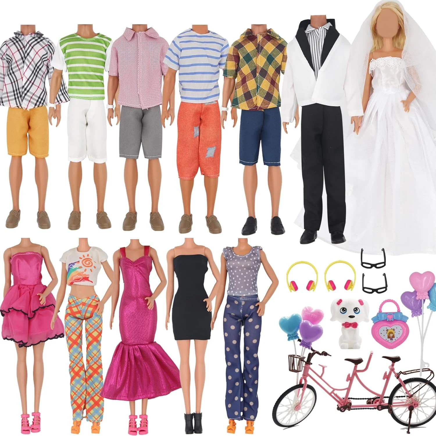 EUtenghao 29 تکه لباس و لوازم جانبی عروسک برای عروسک کن و باربی شامل 12 ست لباس، شلوار جین و لباس عروسی، دوچرخه دو نفره، عینک، کیف سگ و بادکنک های رنگارنگ برای عروسک کن و باربی