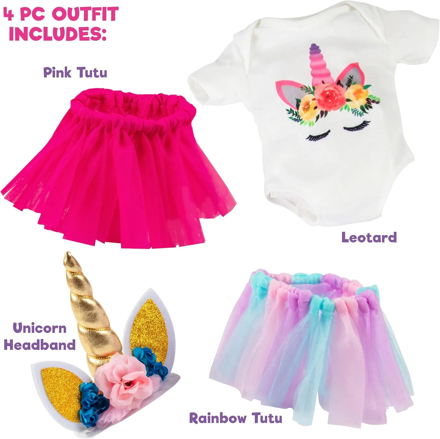 ست لباس عروسکی تکشاخ جادویی 4 تکه با هدبند - لباس و لوازم جانبی عروسک 18 اینچی سازگار با عروسک امریکن گرل - شامل لئوتارد، شاخ تکشاخ و هدبند گلدار، و 2 دامن توتو رنگارنگ - هدیه برای دختران