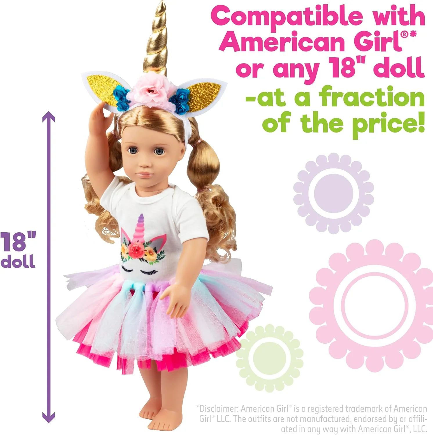 ست لباس عروسکی تکشاخ جادویی 4 تکه با هدبند - لباس و لوازم جانبی عروسک 18 اینچی سازگار با عروسک امریکن گرل - شامل لئوتارد، شاخ تکشاخ و هدبند گلدار، و 2 دامن توتو رنگارنگ - هدیه برای دختران