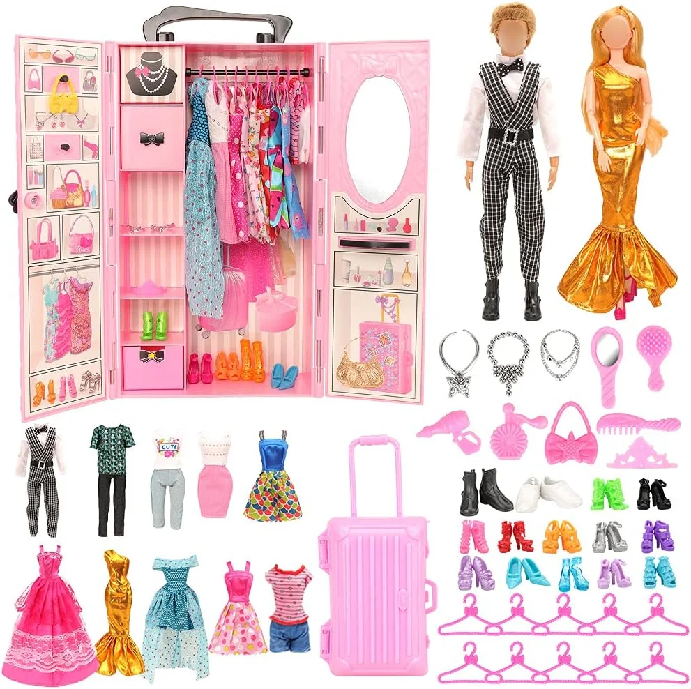 کمد لباس عروسک BM، مجموعه 44 عددی لباس عروسک برای عروسک های دخترانه، لباس و پیراهن عروسک کن، کفش، کیف، گردنبند، چوب لباسی، چمدان برای عروسک 11.5 اینچی