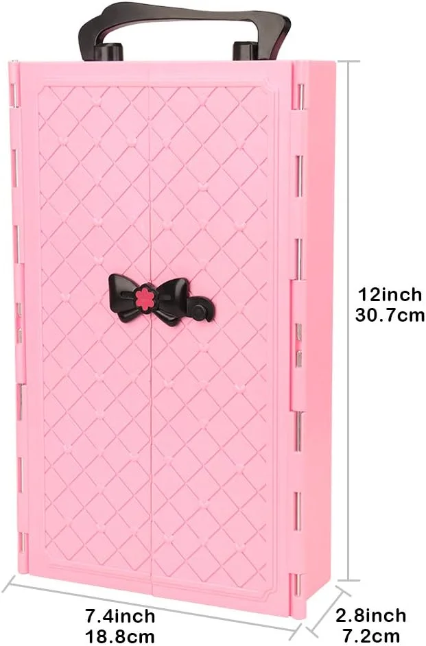 کمد لباس عروسک BM، مجموعه 44 عددی لباس عروسک برای عروسک های دخترانه، لباس و پیراهن عروسک کن، کفش، کیف، گردنبند، چوب لباسی، چمدان برای عروسک 11.5 اینچی