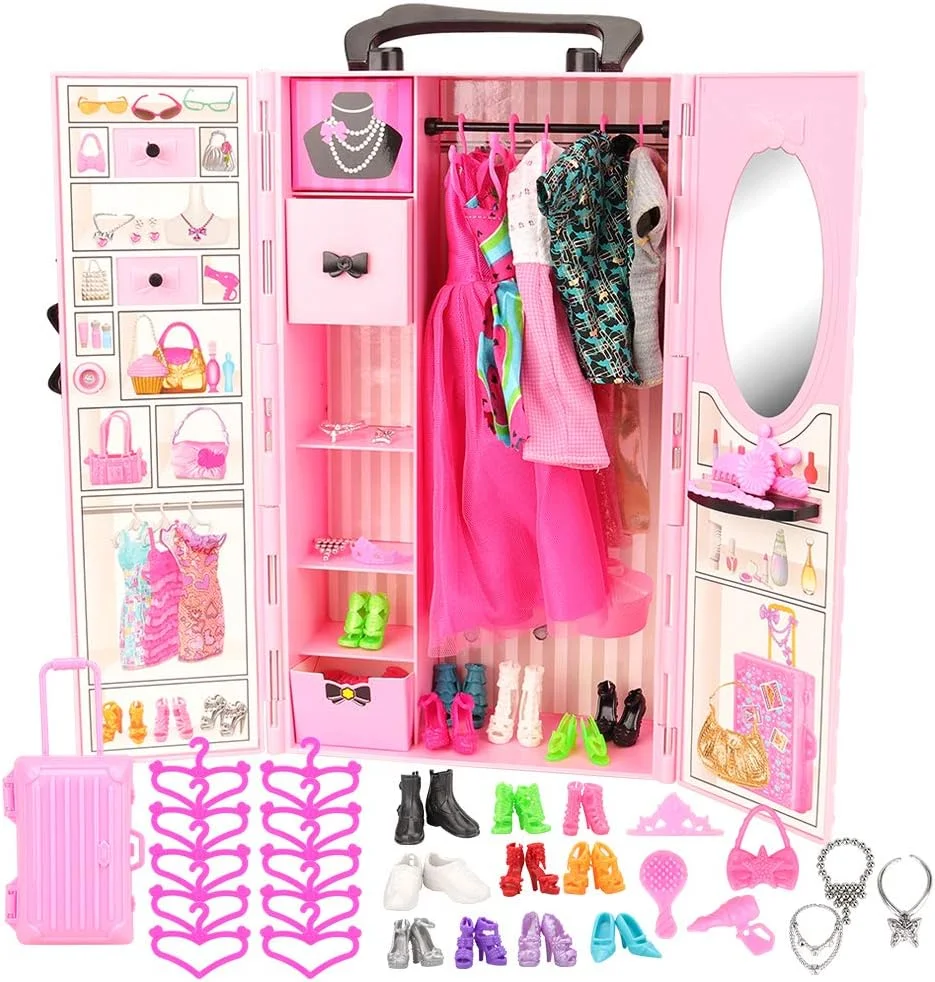 کمد لباس عروسک BM، مجموعه 44 عددی لباس عروسک برای عروسک های دخترانه، لباس و پیراهن عروسک کن، کفش، کیف، گردنبند، چوب لباسی، چمدان برای عروسک 11.5 اینچی