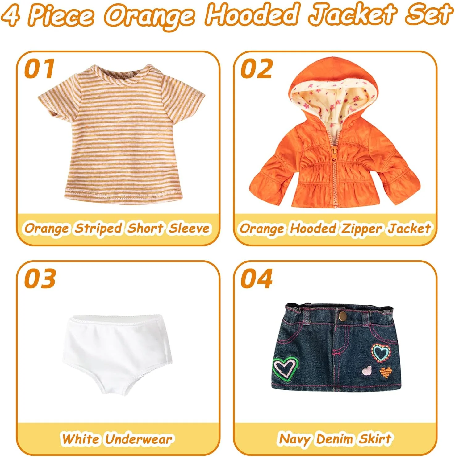 ست لباس عروسک Rakki Dolli، 4 تکه شامل کت کلاه دار گرم، تی شرت، دامن جین و زیر شلواری، لباس مهمانی دست ساز، لباس غیر رسمی مناسب برای عروسک های دخترانه آمریکایی 18 اینچی 004