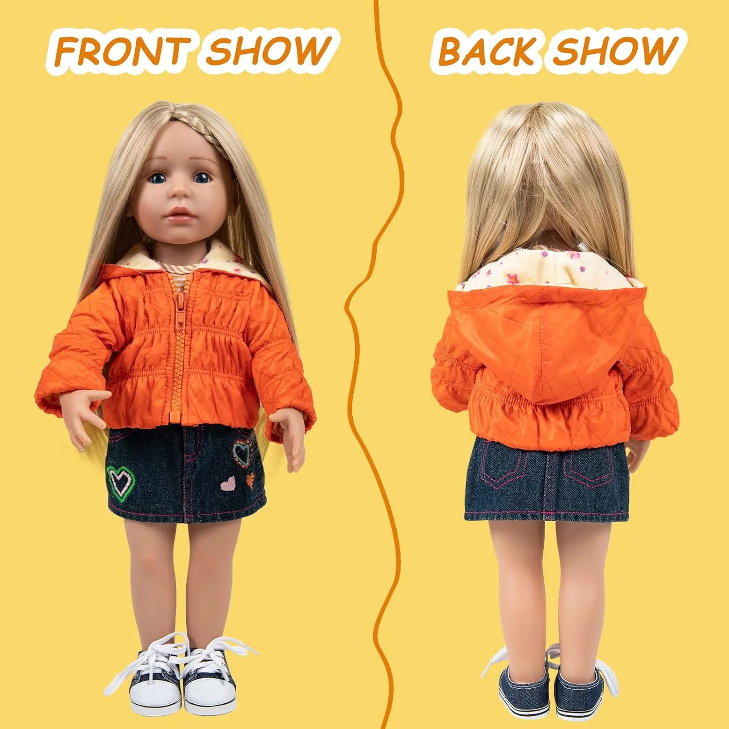 ست لباس عروسک Rakki Dolli، 4 تکه شامل کت کلاه دار گرم، تی شرت، دامن جین و زیر شلواری، لباس مهمانی دست ساز، لباس غیر رسمی مناسب برای عروسک های دخترانه آمریکایی 18 اینچی 004