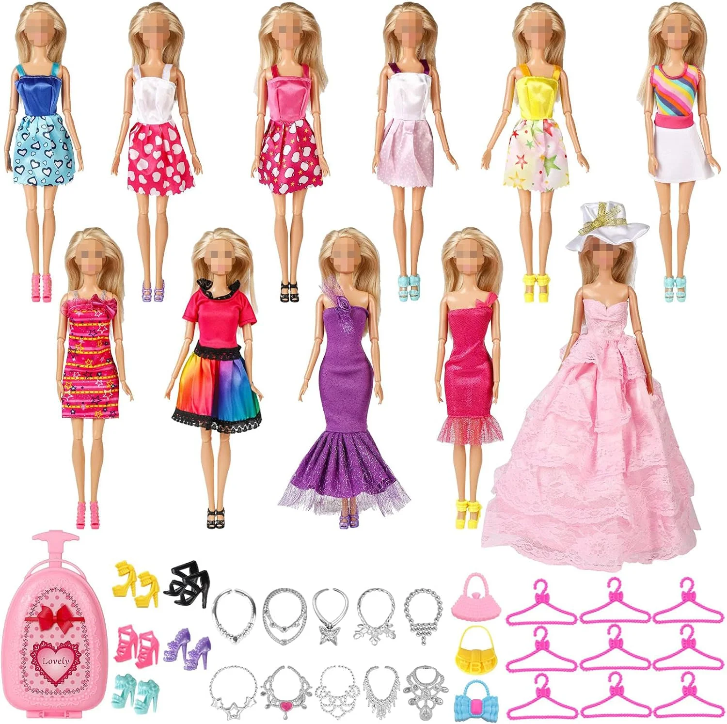 کمد لباس عروسک دخترانه 11.5 اینچی SOTOGO با لباس و لوازم جانبی عروسک شامل 11 ست لباس عروسک، لباس های مد روز، لباس های مجلسی، لباس عروسی، کفش های کمد لباس، کیف، گردنبند، چوب لباسی، صندوق