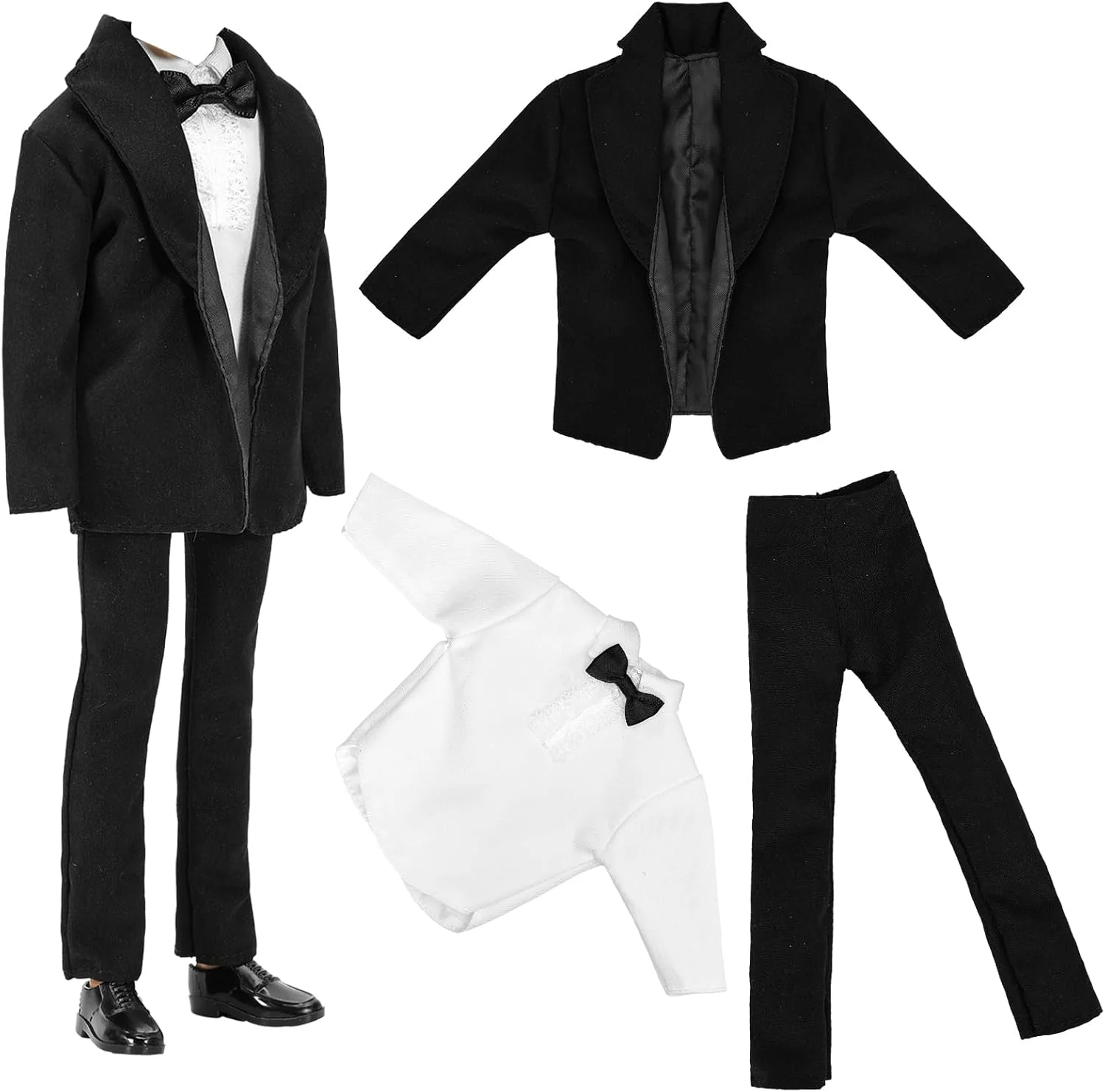 باروا ست لباس ۳ تکه کت و شلوار مشکی تاکسیدو با کراوات و پیراهن سفید، شلوار و ژاکت برای عروسک کن ۱۲ اینچی