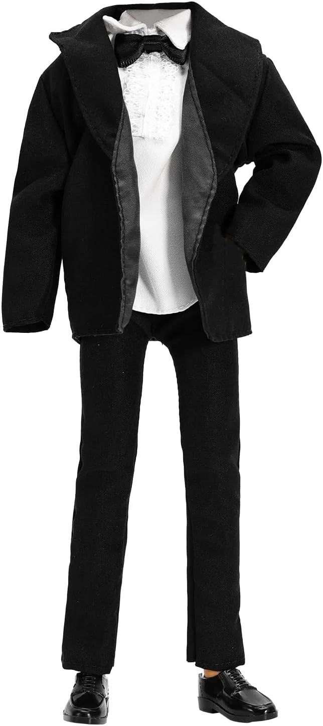 باروا ست لباس ۳ تکه کت و شلوار مشکی تاکسیدو با کراوات و پیراهن سفید، شلوار و ژاکت برای عروسک کن ۱۲ اینچی