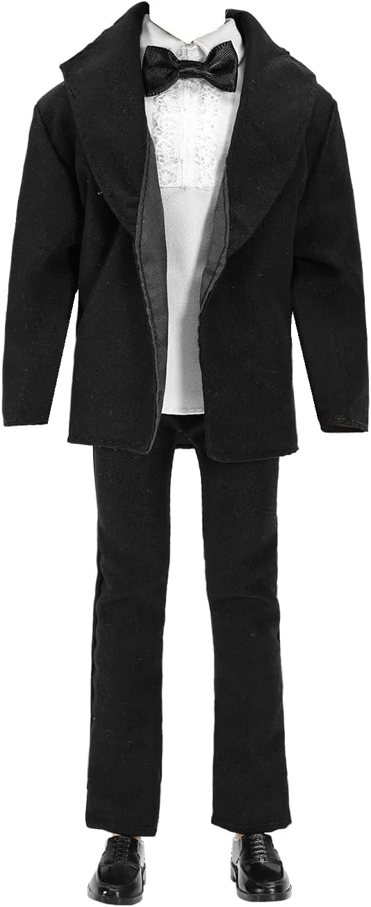 باروا ست لباس ۳ تکه کت و شلوار مشکی تاکسیدو با کراوات و پیراهن سفید، شلوار و ژاکت برای عروسک کن ۱۲ اینچی