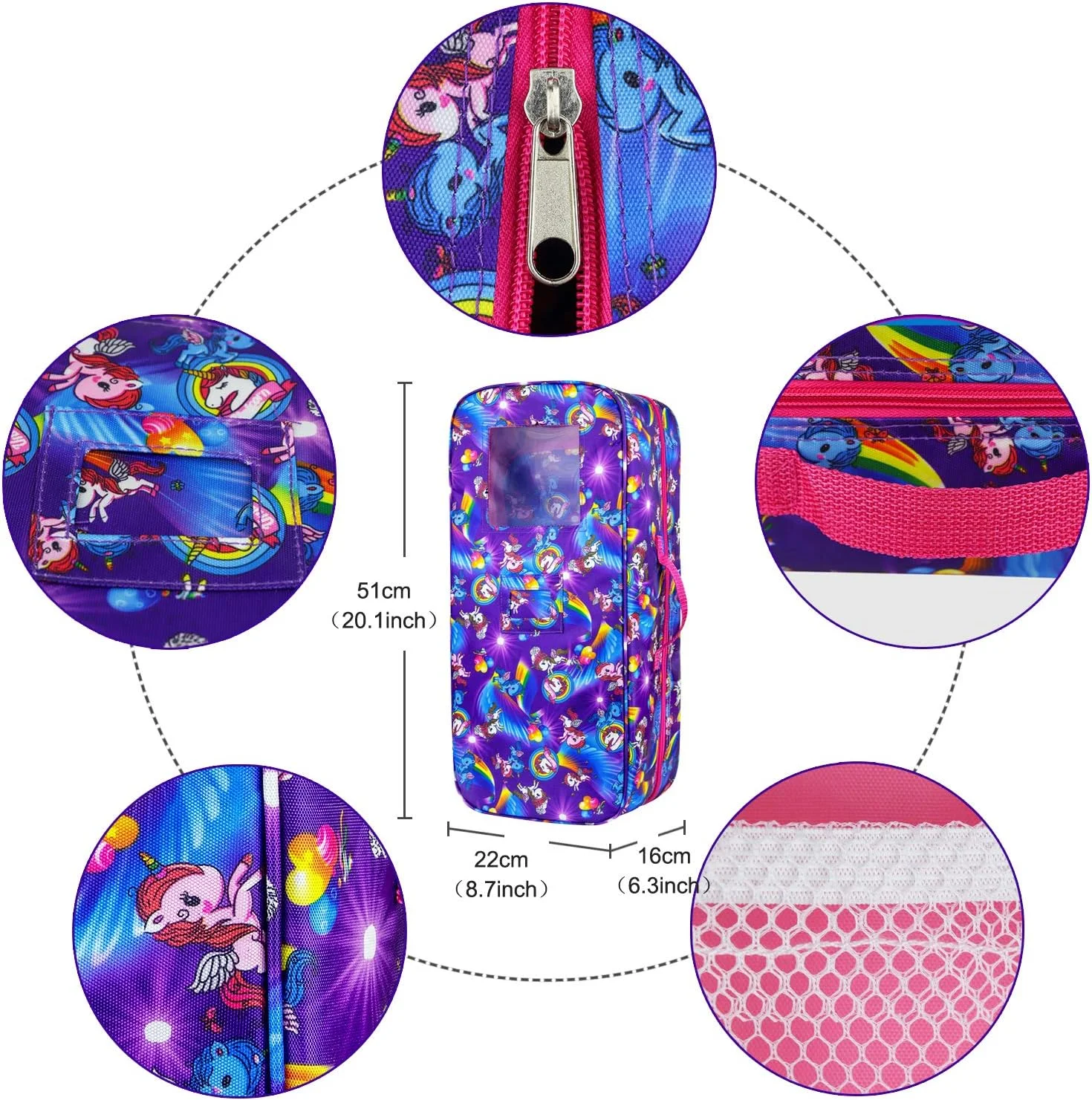 کیف حمل عروسک ایکور فان طرح یونیکورن، چمدان نگهداری عروسک مناسب برای عروسک های 18 اینچی دخترانه آمریکایی با جیب های متعدد