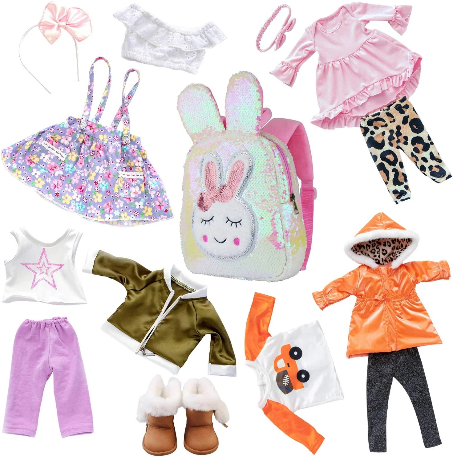 اکور فان 4 ست لباس عروسک 18 اینچی، کفش و کیف زیبا برای کودکان، لباس های غیر رسمی برای عروسک دخترانه 18 اینچی آمریکایی با کش مو، کوله پشتی خرگوش عید پاک، هدیه تولد برای کودکان