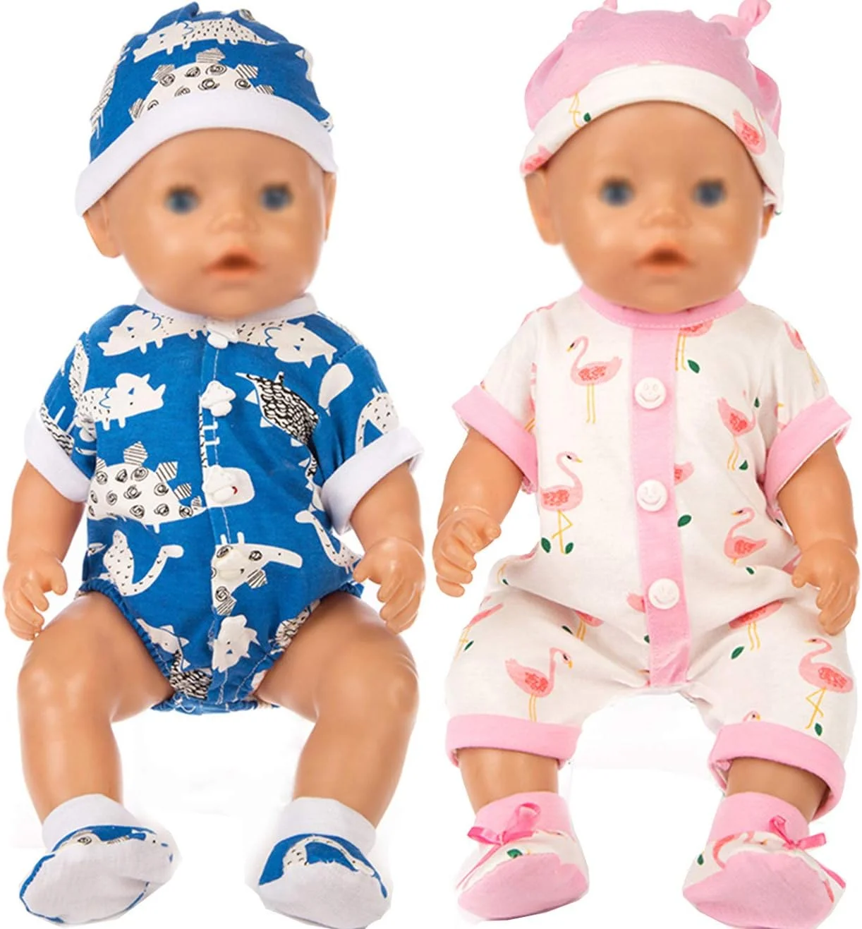 ست لباس سرهمی تک شاخ شامل لباس آبی و صورتی عروسک، 2 جفت کفش و 2 عدد کلاه برای عروسک های نوزاد 43 سانتی متری / عروسک های بیتی 15 اینچی