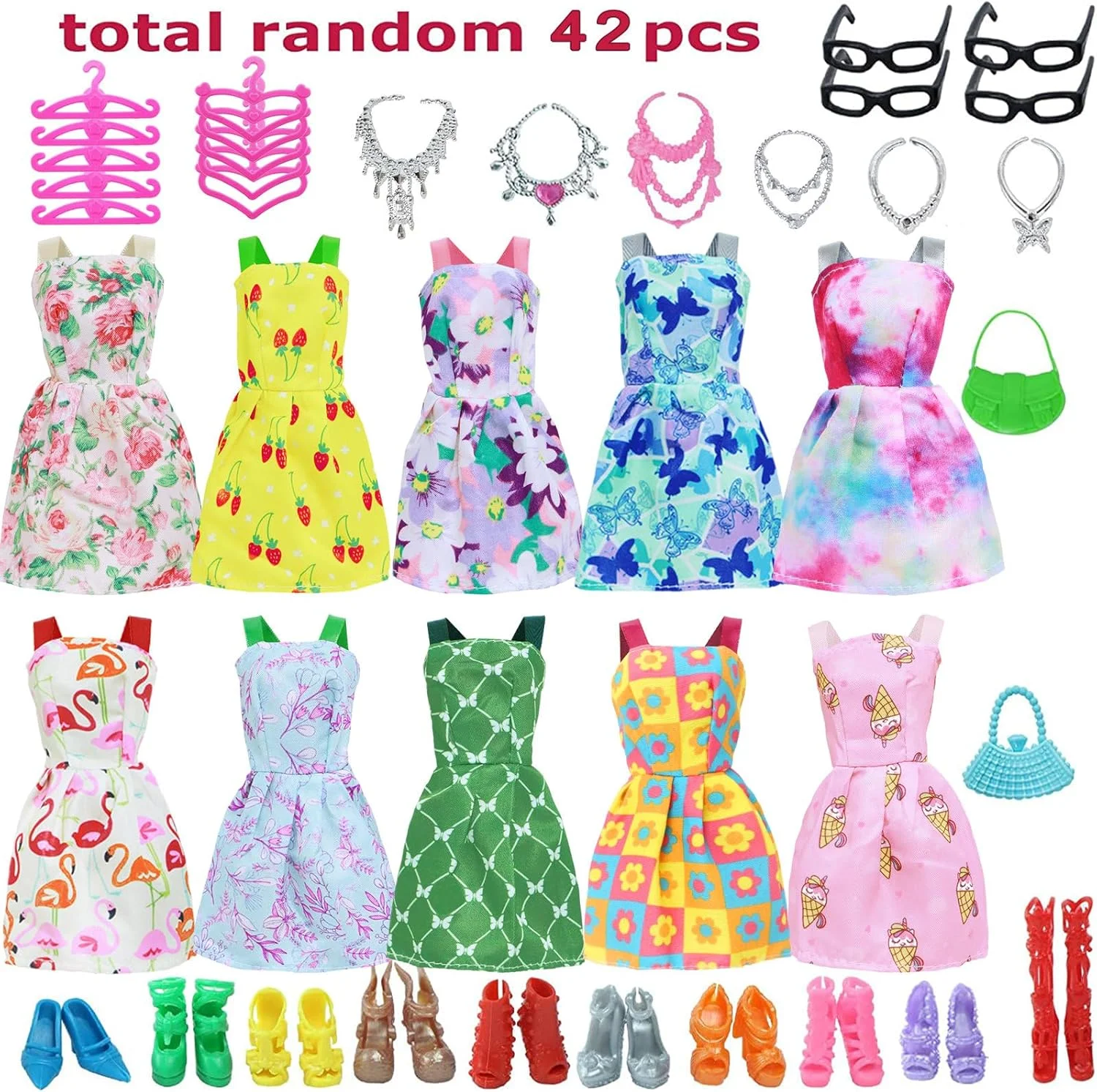 BJDBUS بسته 42 عددی لباس و لوازم جانبی عروسک شامل 10 عدد مینی لباس مد روز، 32 عدد کفش، عینک، گردنبند، کیف دستی، لوازم جانبی چوب لباسی برای عروسک دخترانه 11.5 اینچی