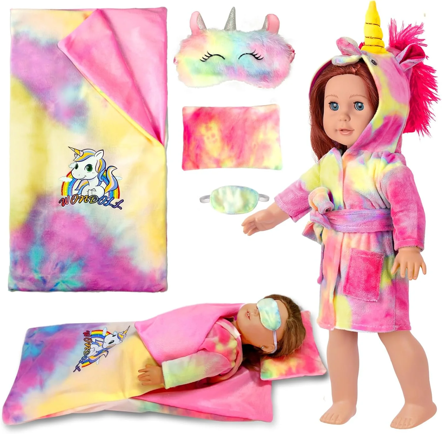 ست لباس عروسک 18 اینچی WONDOLL و کیسه خواب عروسک با ماسک خواب و بالش ست