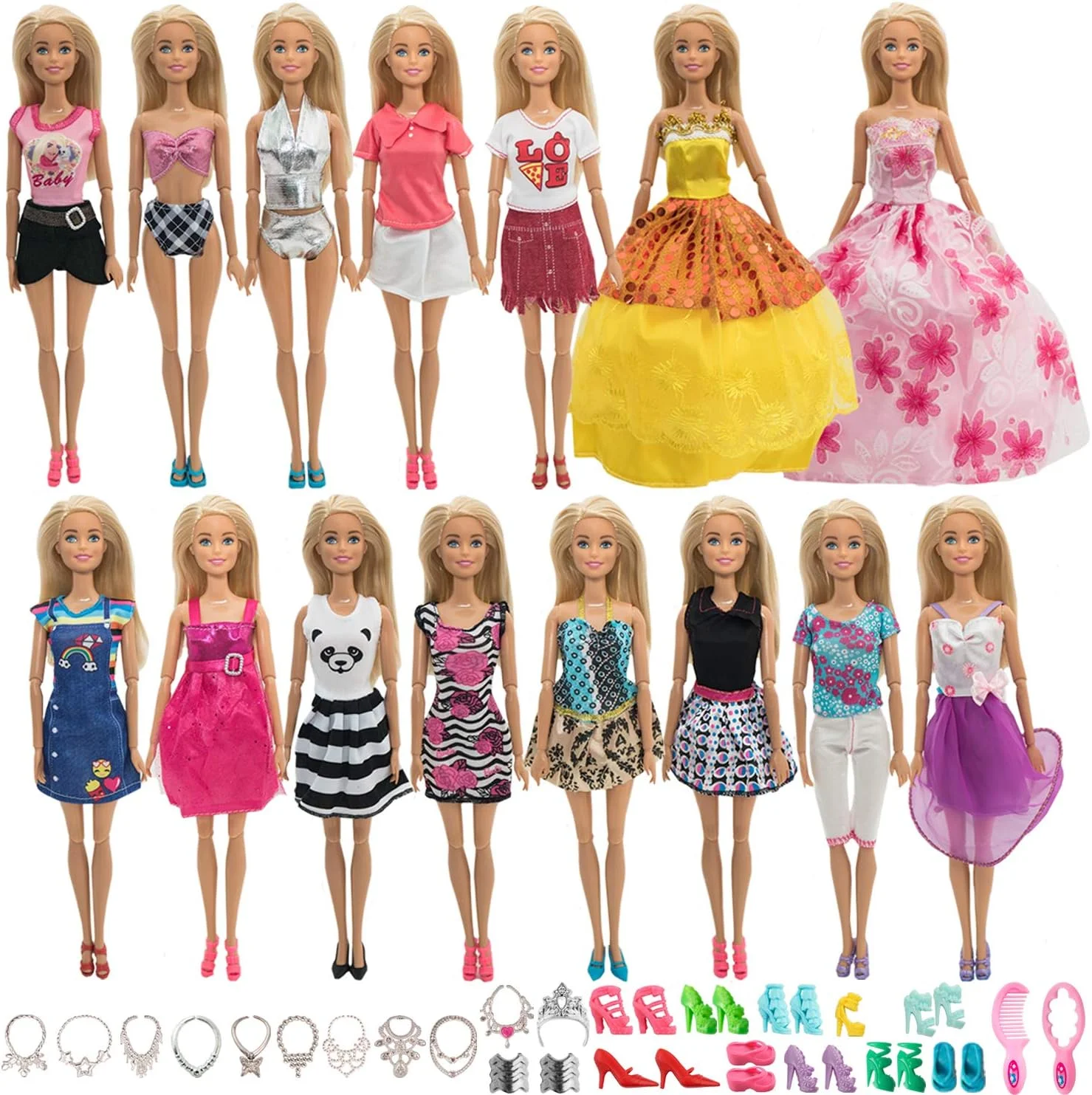 SOTOGO 54 تکه لباس و لوازم جانبی عروسک برای عروسک دخترانه 11.5 اینچی، مناسب برای مناسبت های مختلف شامل 15 ست لباس عروسک، لباس های مد روز/تاپ و شورت/لباس شنای بیکینی و 35 تکه لوازم جانبی عروسک
