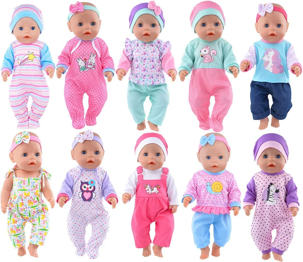 10 ست لباس عروسک شیرین DBu شامل کلاه و هدبند برای عروسک نوزاد 43 سانتی متری