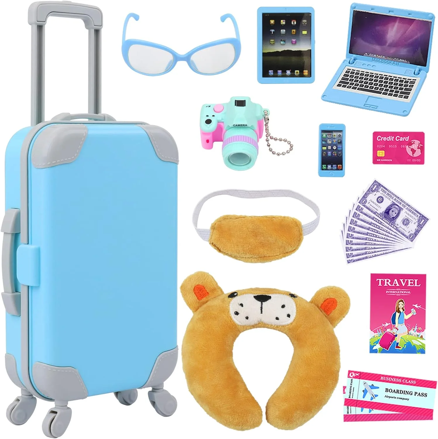 زیتا المنت ست چمدان 22 تکه لباس عروسک پسرانه 18 اینچی برای لوازم جانبی عروسک پسرانه 18 اینچی، شامل چمدان، بالش، چشم بند، عینک آفتابی، دوربین و کامپیوتر