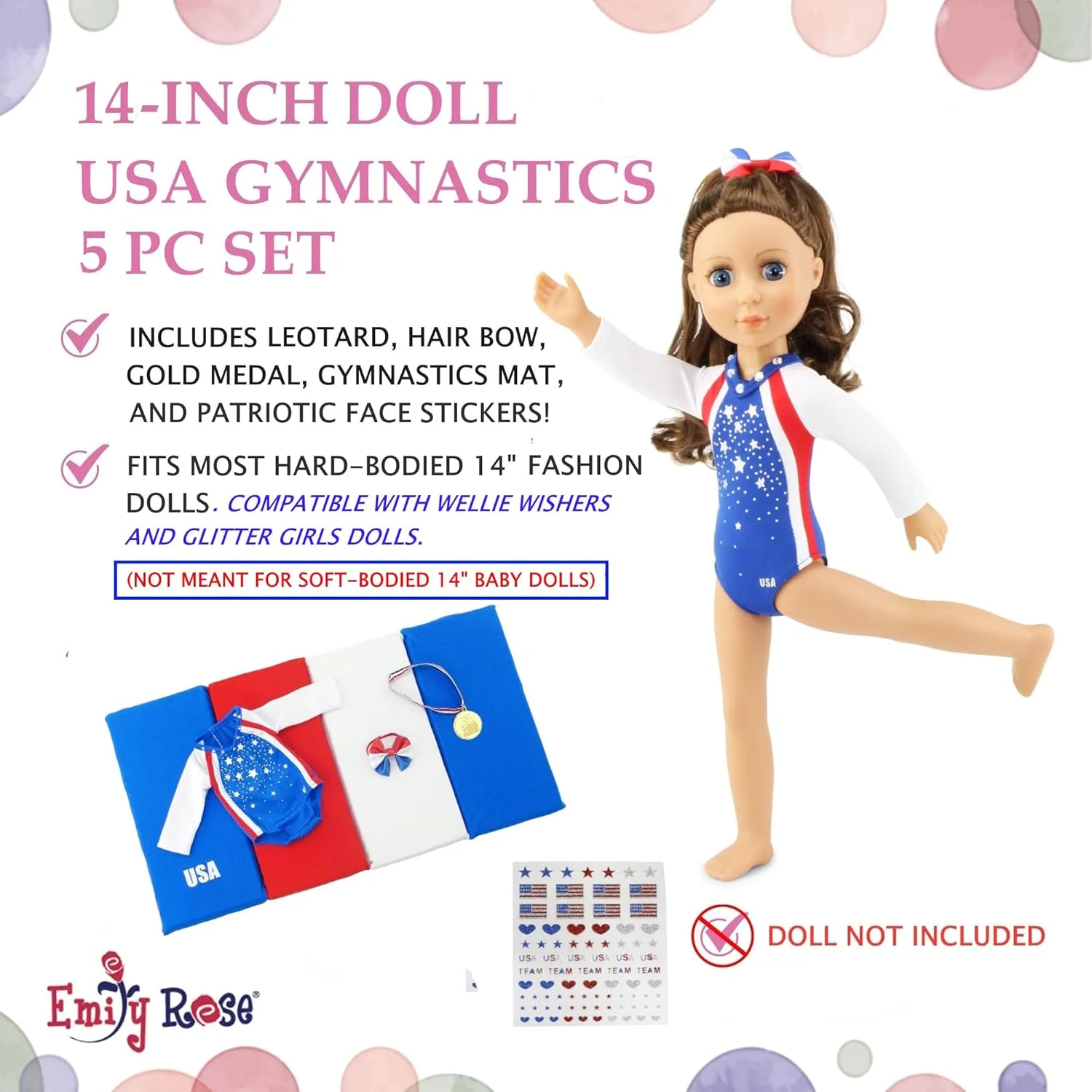 لباس و لوازم جانبی عروسک 14 اینچی امیلی رز | ست هدیه ژیمناستیک 4 تکه عروسک ایالات متحده آمریکا، شامل مدال طلای تزئینی! | مناسب برای اکثر عروسک های 14.5 اینچی با بدن سفت