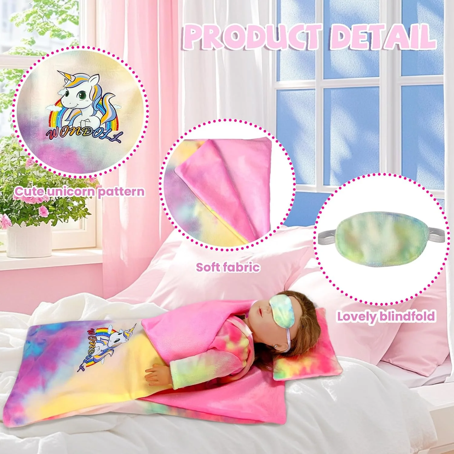 ست لباس عروسک 18 اینچی WONDOLL و کیسه خواب عروسک با ماسک خواب و بالش ست