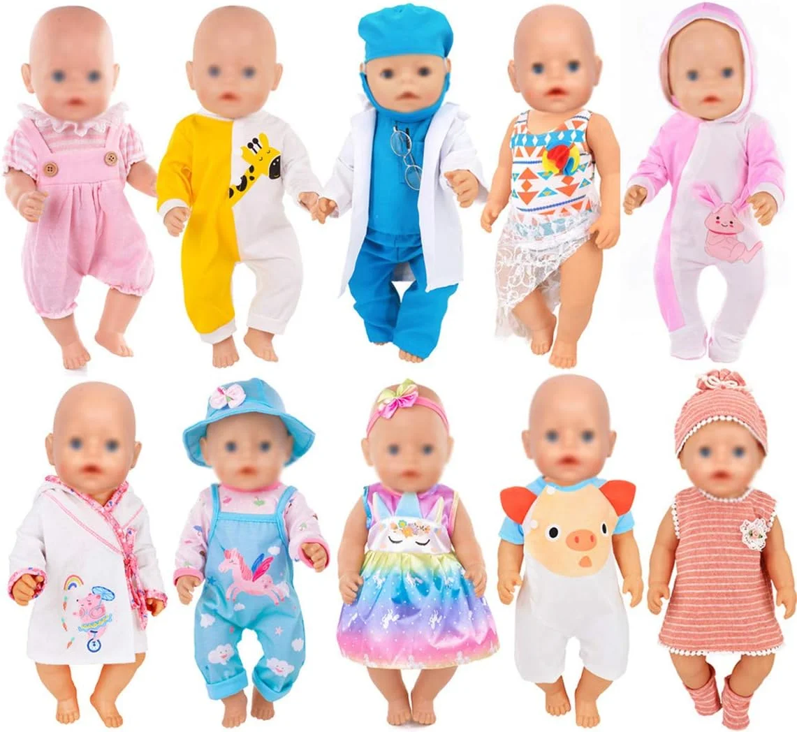 ebuddy 10 ست لباس عروسک شامل لباس، بیکینی، رامپر، لباس دکتر، لباس خواب، هدبند و کلاه برای عروسک های نوزاد 43 سانتی متری/17 اینچی
