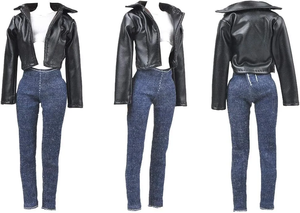 E-TING بسته 15 عددی = 5 دست لباس عروسک با 10 جفت کفش، لوازم جانبی برای لباس های عروسک دخترانه 11.5 اینچی، سبک تصادفی (کت چرمی + لباس غیر رسمی)