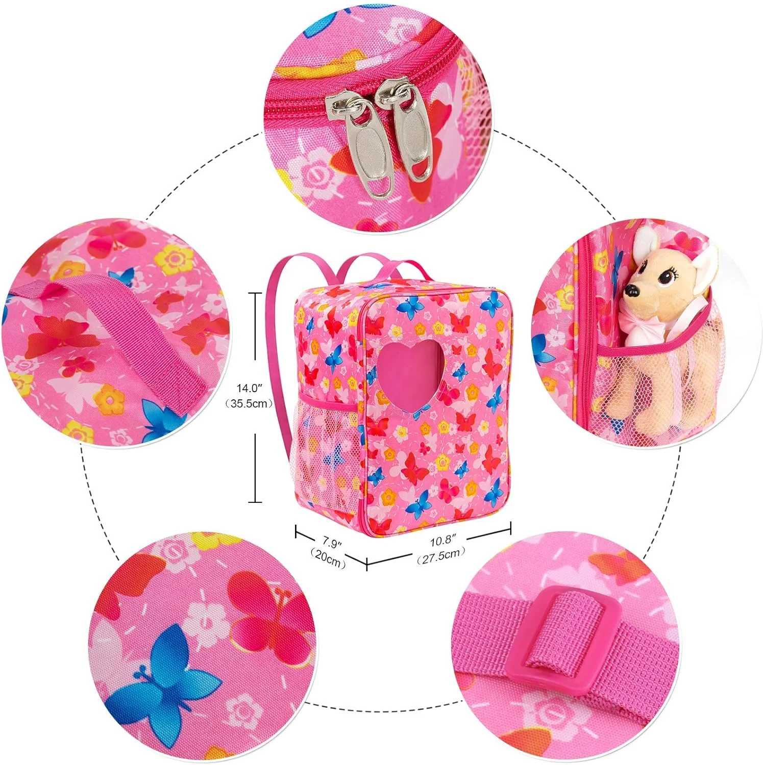 مجموعه 5 تکه زیتا المنت شامل کیف حمل عروسک دخترانه 18 اینچی آمریکایی با لباس و لوازم جانبی - 1 کیف حمل عروسک، 1 لباس، 1 جفت کفش، 1 عینک آفتابی و 1 سگ اسباب بازی برای مجموعه لوازم جانبی مسافرتی عروسک 18 اینچی