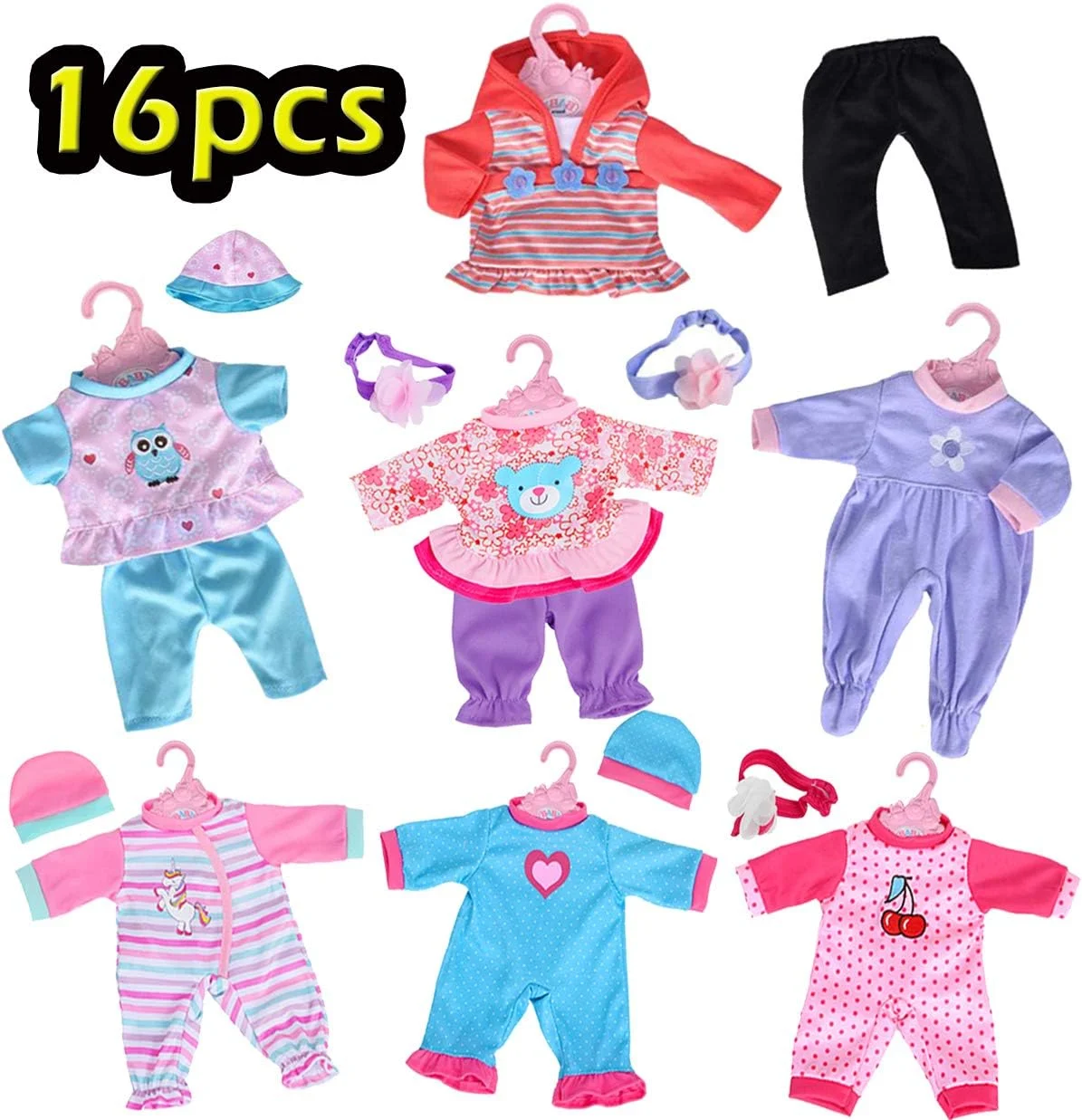 مجموعه 7 تکه لباس عروسک ebuddy Total مناسب برای عروسک های نوزاد 36 سانتی متری شامل رامپر، بلوز، شلوار، کلاه و هدبند