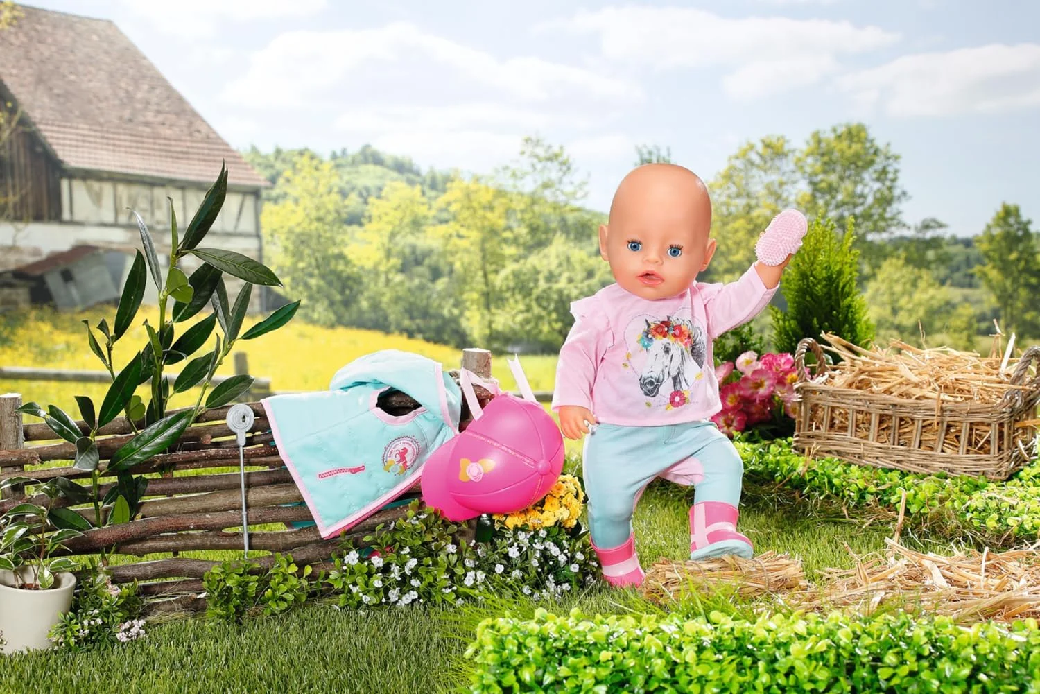 ست لباس سوارکاری د لوکس بیبی بورن مناسب عروسک های 43 سانتی متری - مناسب برای دستان کوچک، بازی خلاقانه باعث افزایش همدلی و مهارت های اجتماعی می شود - برای کودکان نوپا 3 سال به بالا - شامل جلیقه، شلوار، لوازم جانبی و موارد دیگر