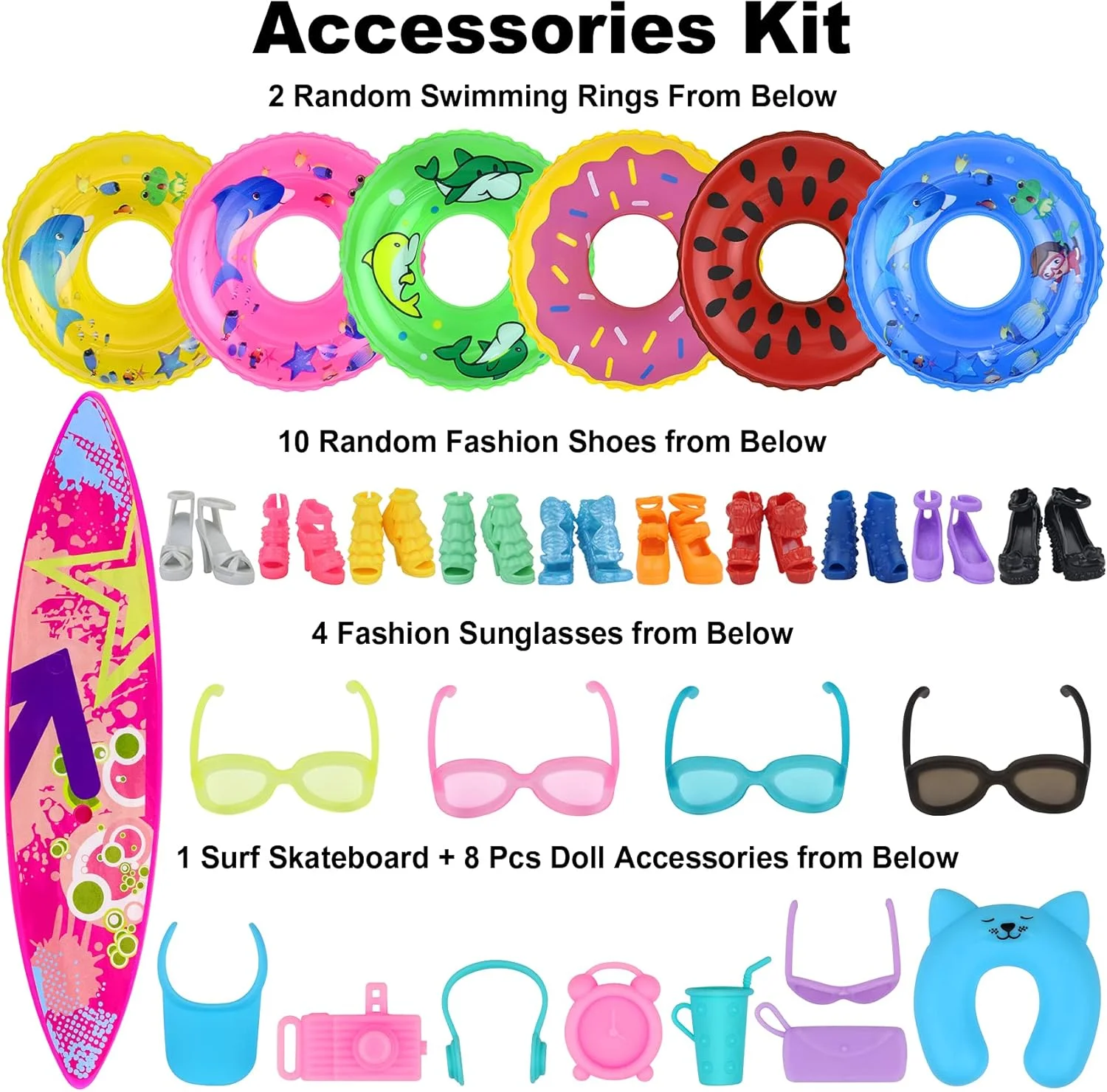 اکور فان ست لباس شنا و ساحلی 35 تکه ای شامل 10 بیکینی، 2 حلقه شنا، 4 عینک فشن، 10 جفت کفش، 1 اسکیت برد موج سواری و 8 اکسسوری عروسک برای عروسک 11.5 اینچی