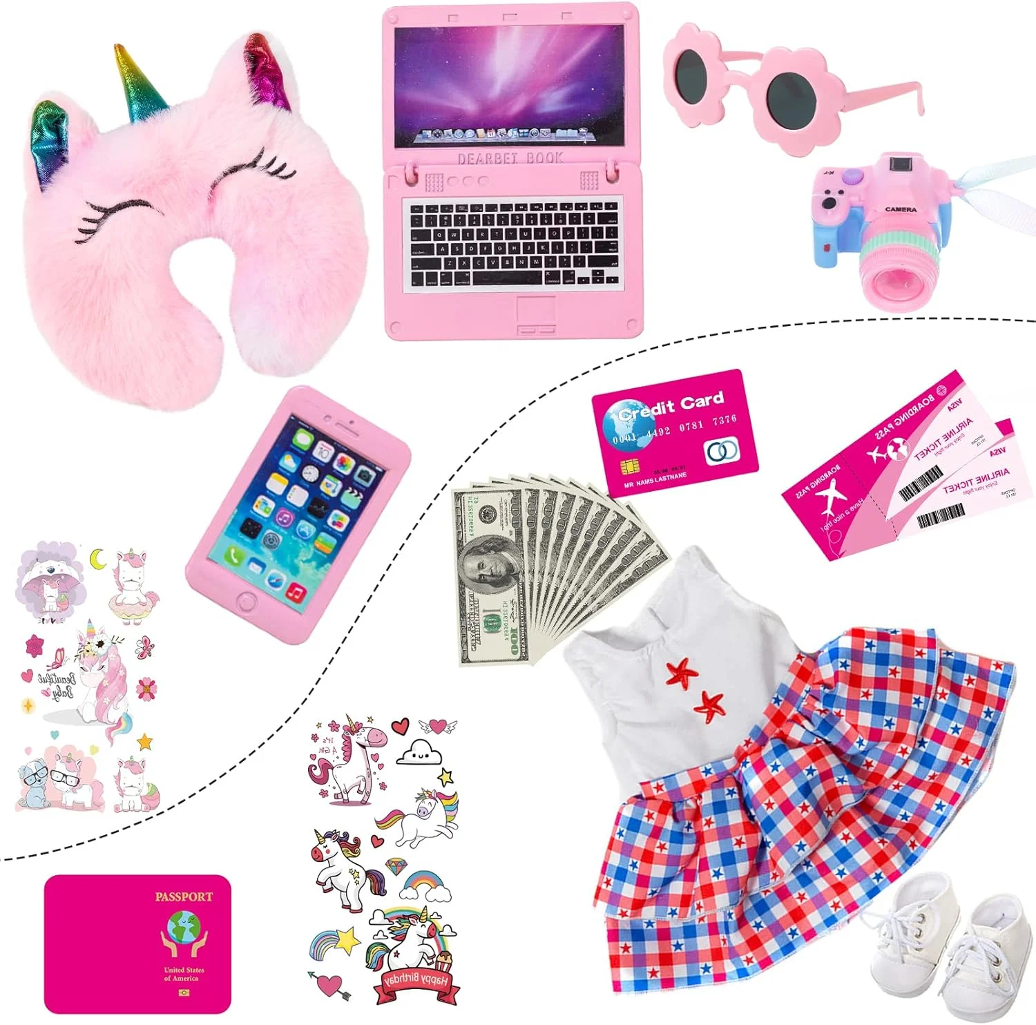 لباس و لوازم جانبی عروسک 18 اینچی ZQDOL American - مجموعه چمدان مسافرتی شامل چمدان، لباس، کفش، عینک آفتابی، دوربین، بالش تک شاخ لباس و لوازم جانبی عروسک 18 اینچی ZQDOL American - مجموعه چمدان مسافرتی شامل چمدان، لباس، کفش، عینک آفتابی، دوربین، بالش تک شاخ