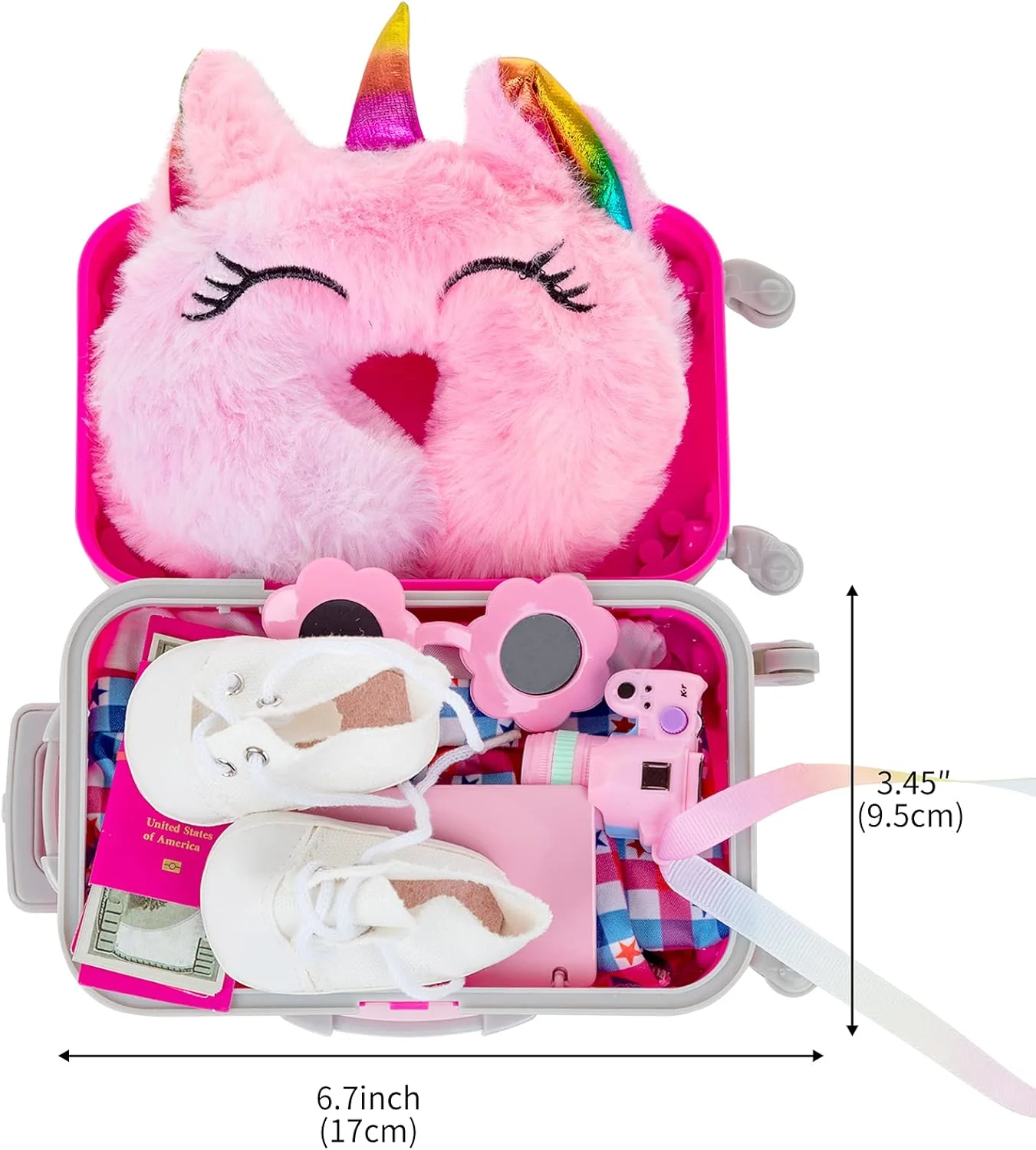 لباس و لوازم جانبی عروسک 18 اینچی ZQDOL American - مجموعه چمدان مسافرتی شامل چمدان، لباس، کفش، عینک آفتابی، دوربین، بالش تک شاخ لباس و لوازم جانبی عروسک 18 اینچی ZQDOL American - مجموعه چمدان مسافرتی شامل چمدان، لباس، کفش، عینک آفتابی، دوربین، بالش تک شاخ