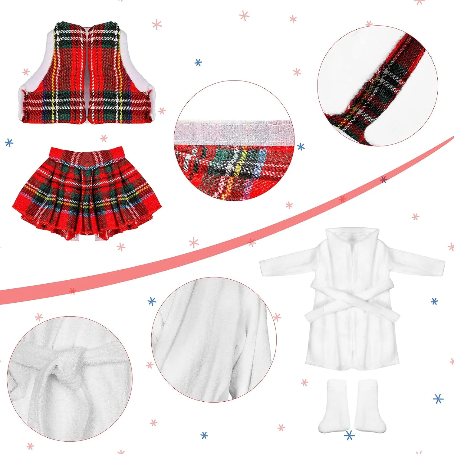 ست 10 تکه لباس بابانوئل برای عروسک های الف کریسمس، شامل جلیقه پشمی، دامن، لباس خواب، کیسه خواب، شال گردن، عینک و جوراب ست 10 تکه لباس بابانوئل برای عروسک های الف کریسمس، شامل جلیقه پشمی، دامن، لباس خواب، کیسه خواب، شال گردن، عینک و جوراب