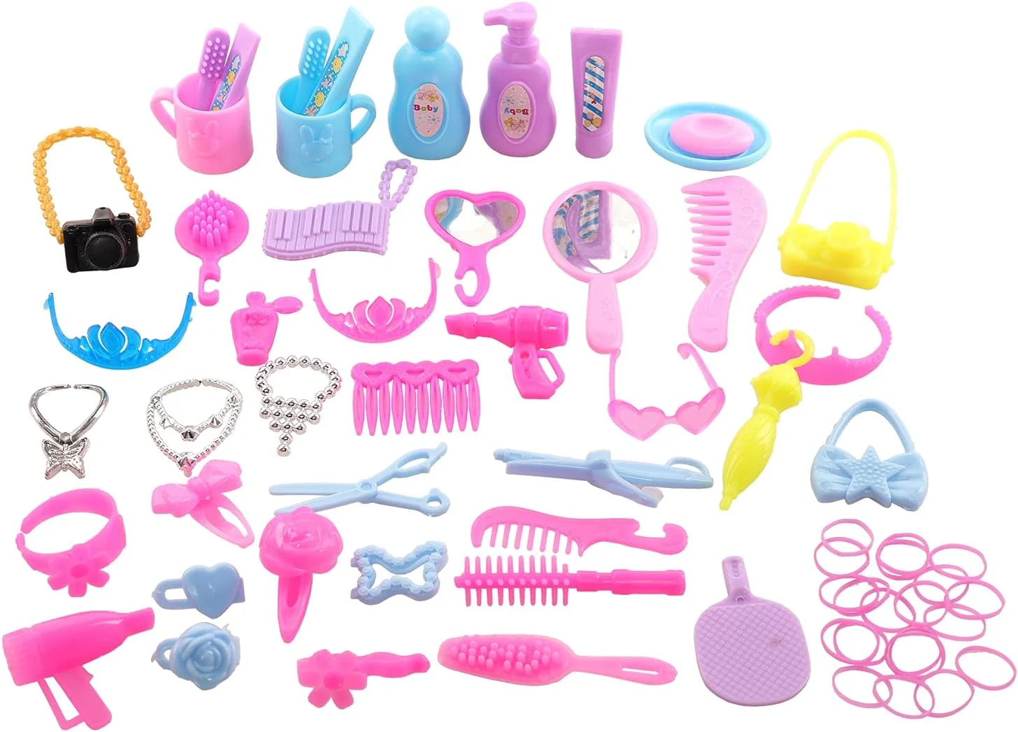 باروا 43 تکه لوازم جانبی عروسک شامل لوازم بهداشتی مسافرتی، کیف گیره ای، تاج، گردنبند، شانه، دوربین، کش مو برای عروسک 11.5 اینچی، هدیه کریسمس