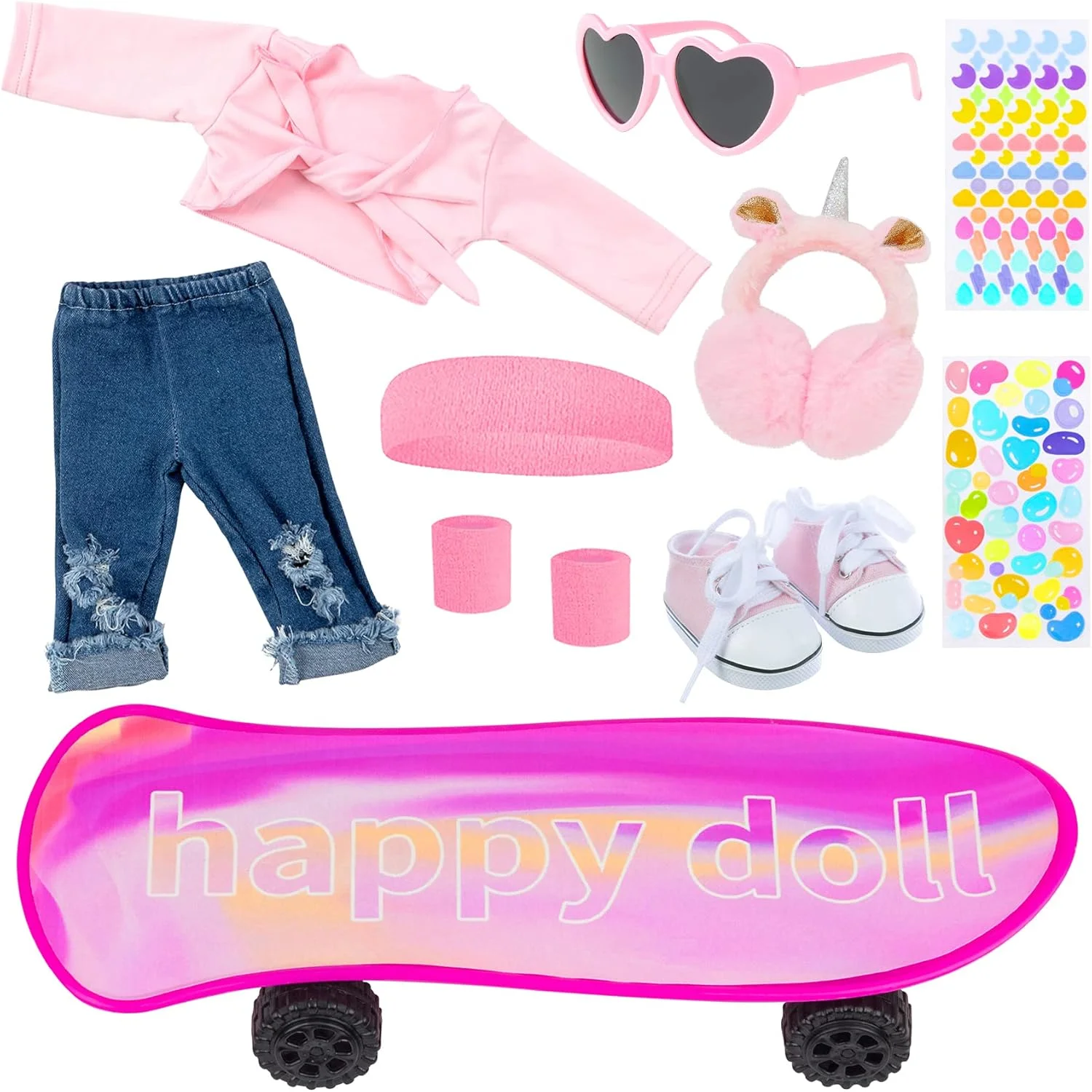 زیتا المنت اسکوتر، اسکیت‌بورد، لباس و لوازم جانبی عروسک دخترانه 18 اینچی - ست لباس عروسک 18 اینچی شامل کفش ورزشی، اسکوتر و سایر وسایل ورزشی فضای باز