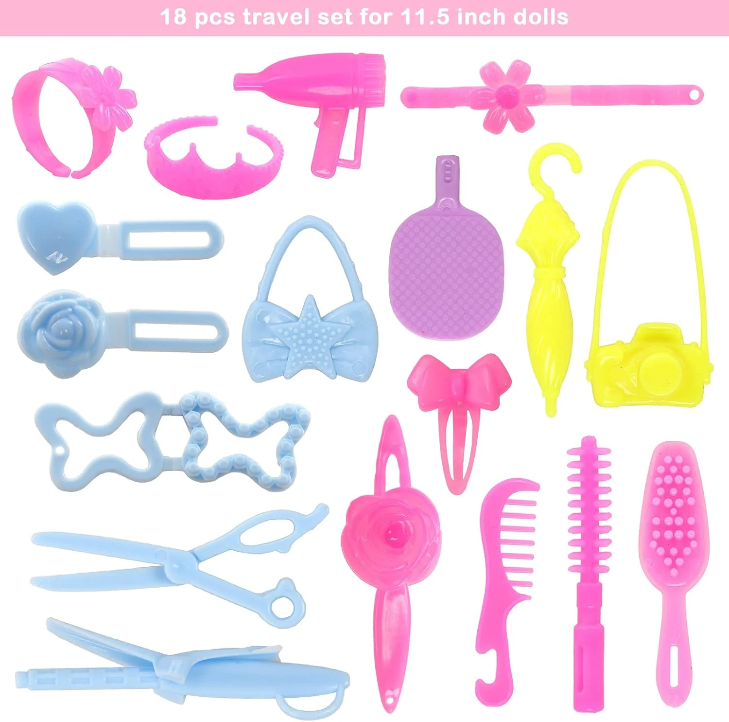 باروا 43 تکه لوازم جانبی عروسک شامل لوازم بهداشتی مسافرتی، کیف گیره ای، تاج، گردنبند، شانه، دوربین، کش مو برای عروسک 11.5 اینچی، هدیه کریسمس