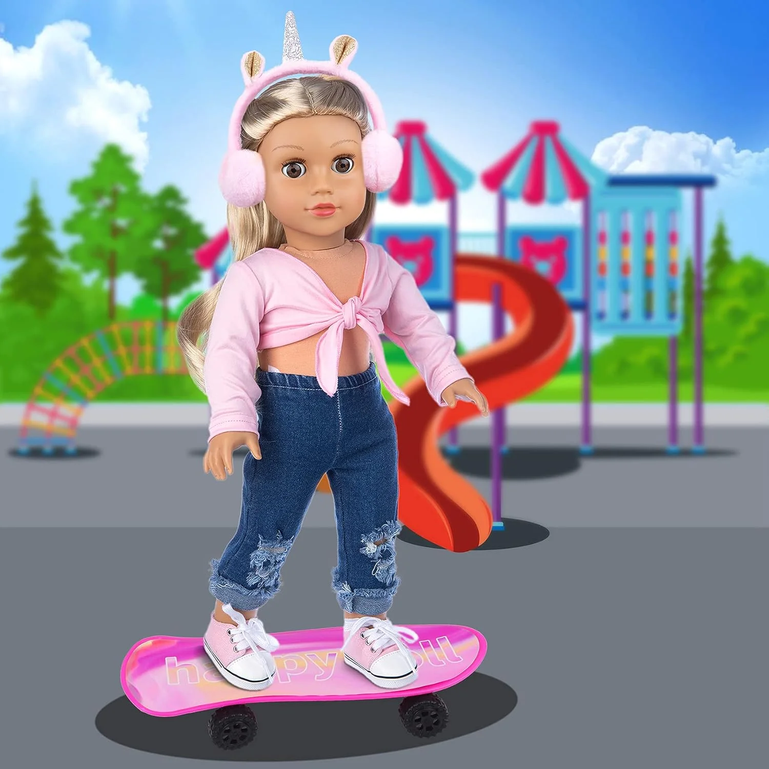 زیتا المنت اسکوتر، اسکیت‌بورد، لباس و لوازم جانبی عروسک دخترانه 18 اینچی - ست لباس عروسک 18 اینچی شامل کفش ورزشی، اسکوتر و سایر وسایل ورزشی فضای باز
