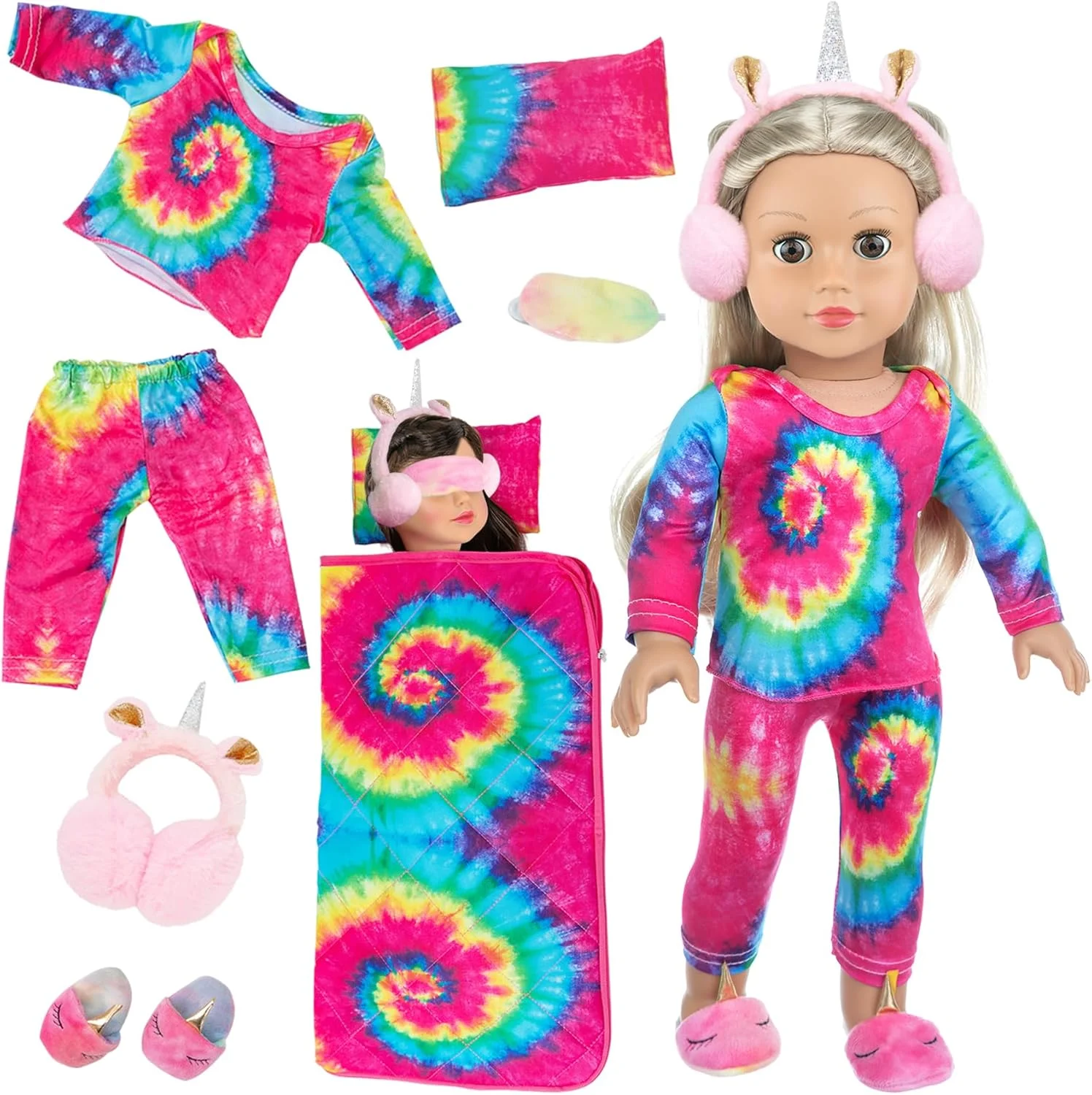 اکسسوری ست لباس و کیسه خواب عروسک دخترانه 18 اینچی Ecore Fun - کیسه خواب کراواتی رنگارنگ، ماسک چشم، گوش بند، بالش مناسب عروسک 18 اینچی