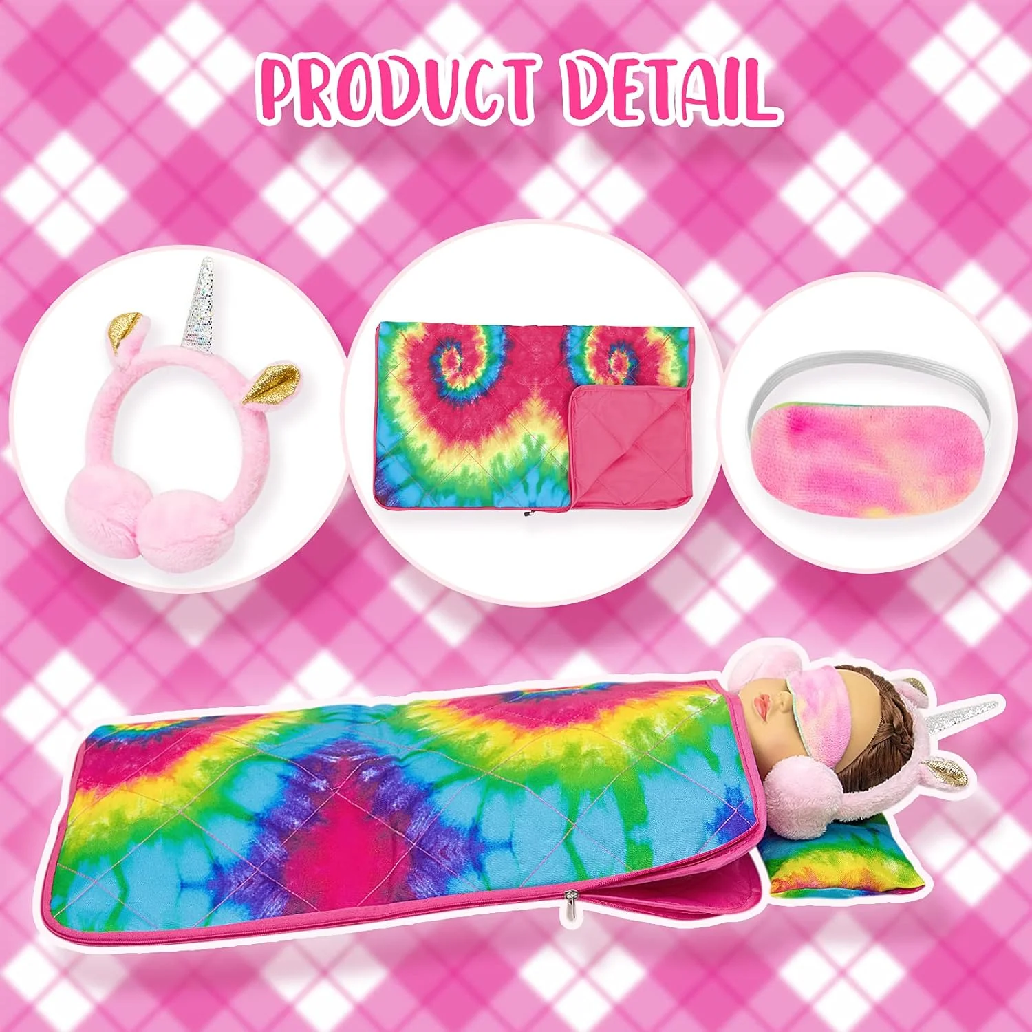 اکسسوری ست لباس و کیسه خواب عروسک دخترانه 18 اینچی Ecore Fun - کیسه خواب کراواتی رنگارنگ، ماسک چشم، گوش بند، بالش مناسب عروسک 18 اینچی