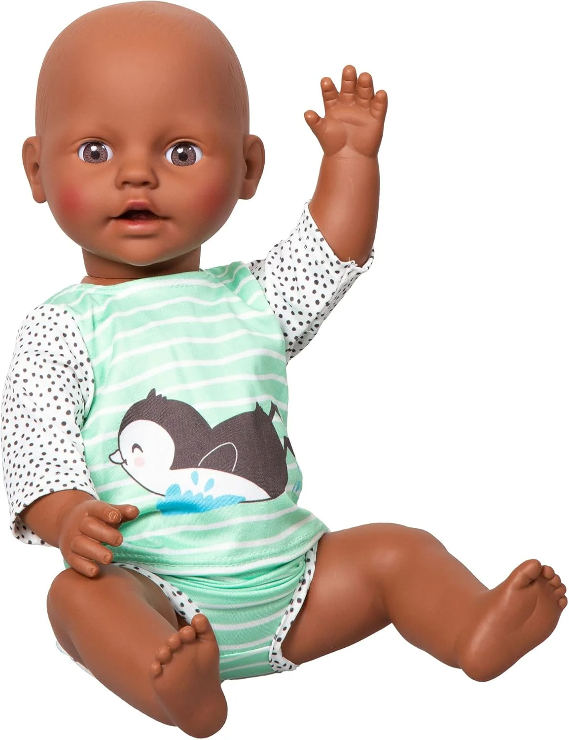 لباس شنای عروسک هلِس مدل 1118 طرح پنگوئن خالدار، 2 تکه شامل بالا تنه و پایین تنه، سایز 28 - 35 سانتی متر