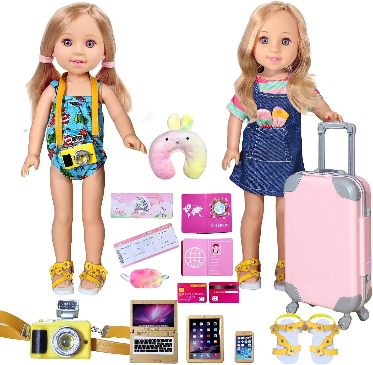 ست لباس و لوازم جانبی عروسک 14 اینچی WONDOLL - شامل چمدان، 2 دست لباس عروسک، کفش، عینک آفتابی، دوربین، کامپیوتر، بالش مسافرتی، چشم بند، پاسپورت و بلیط