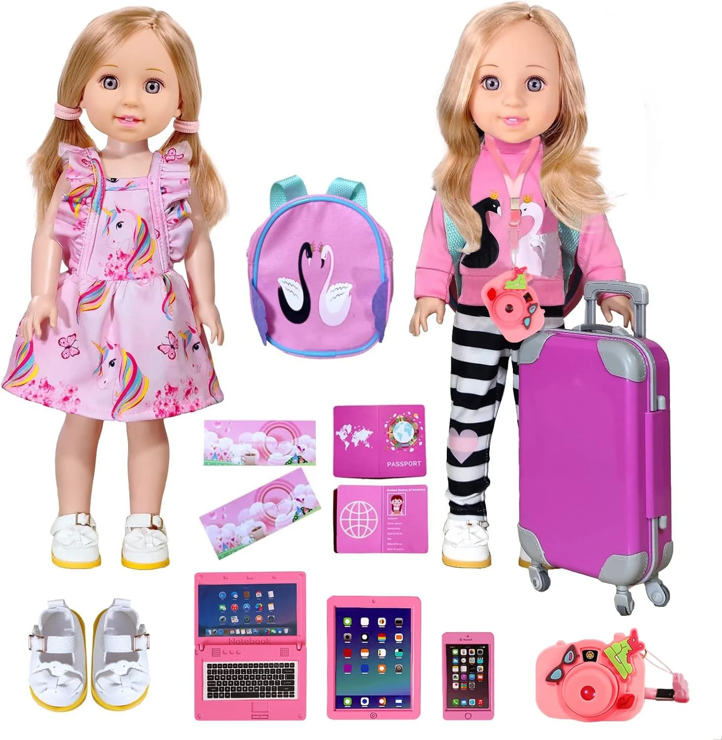 ست چمدان مسافرتی 14 اینچی ARTST American Girl Doll، لباس عروسک، لوازم جانبی شامل چمدان، کوله پشتی زیبا، 2 دست لباس عروسک، کفش، دوربین، کامپیوتر، تلفن، آیپد، پاسپورت (14 اینچ)