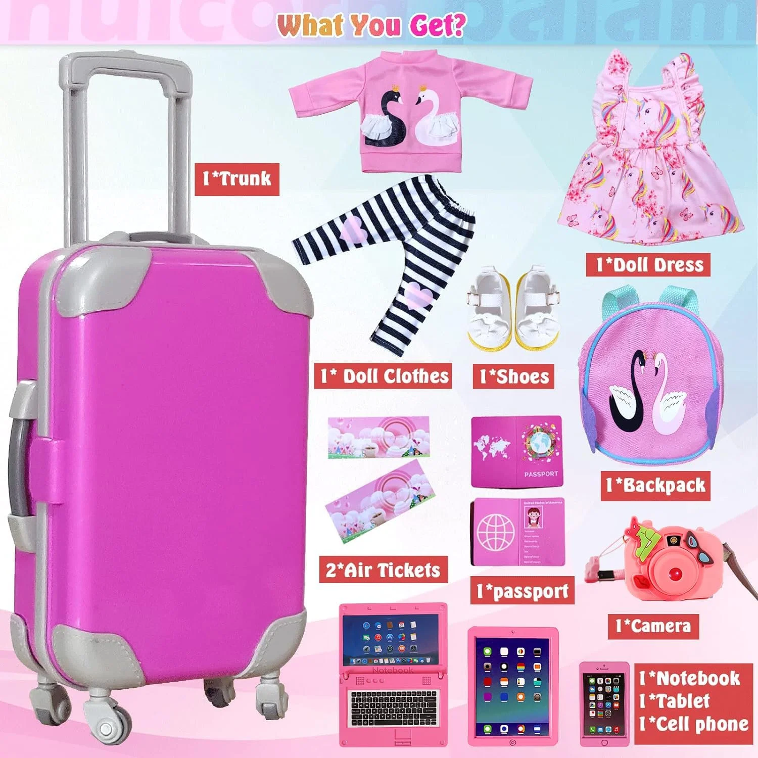 ست چمدان مسافرتی 14 اینچی ARTST American Girl Doll، لباس عروسک، لوازم جانبی شامل چمدان، کوله پشتی زیبا، 2 دست لباس عروسک، کفش، دوربین، کامپیوتر، تلفن، آیپد، پاسپورت (14 اینچ)