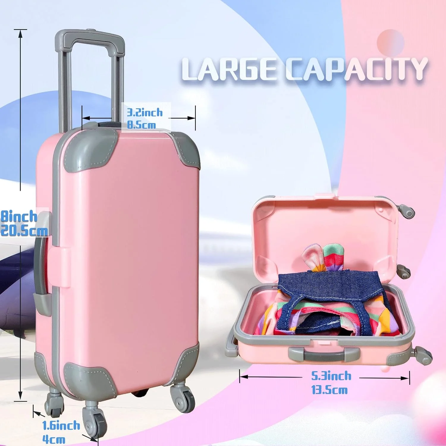 ست لباس و لوازم جانبی عروسک 14 اینچی WONDOLL - شامل چمدان، 2 دست لباس عروسک، کفش، عینک آفتابی، دوربین، کامپیوتر، بالش مسافرتی، چشم بند، پاسپورت و بلیط