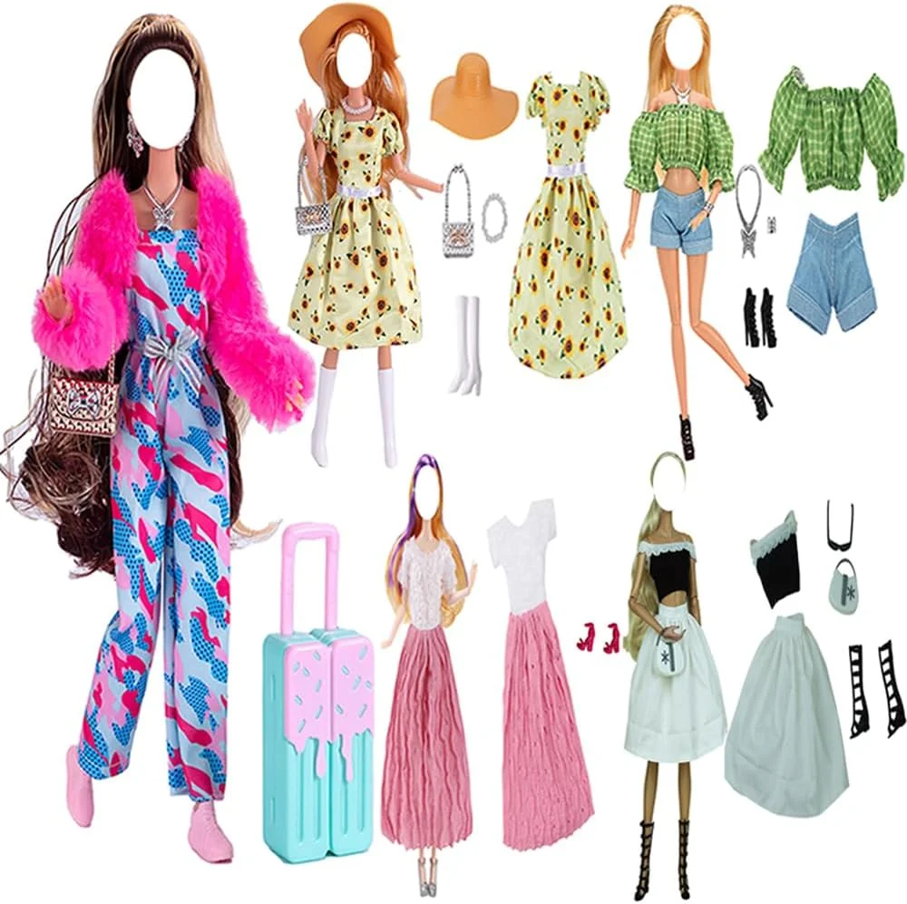 لباس عروسک، 5 ست لباس پاییزی، لباس پلنگی بهاری، ژاکت، شلوار، کفش، کیف برای عروسک های 11.5 اینچی، لوازم جانبی با استایل تصادفی (E)